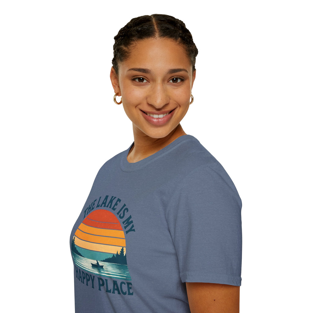 Canoe On The Lake At Sunset "The Lake Is My Happy Place" T-Shirt