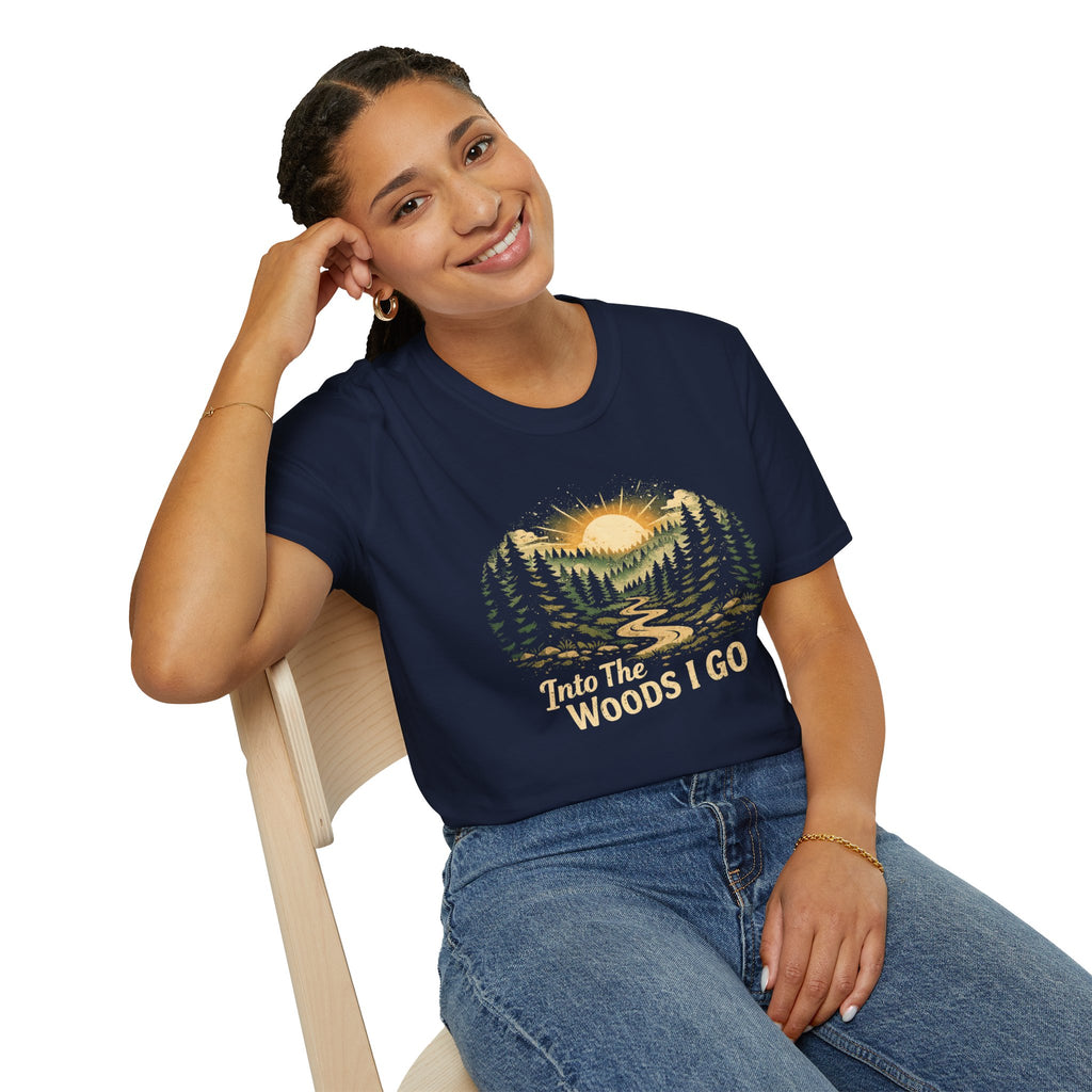 T-Shirt — "Into The Woods I Go" Vintage Forest Sunset Tee