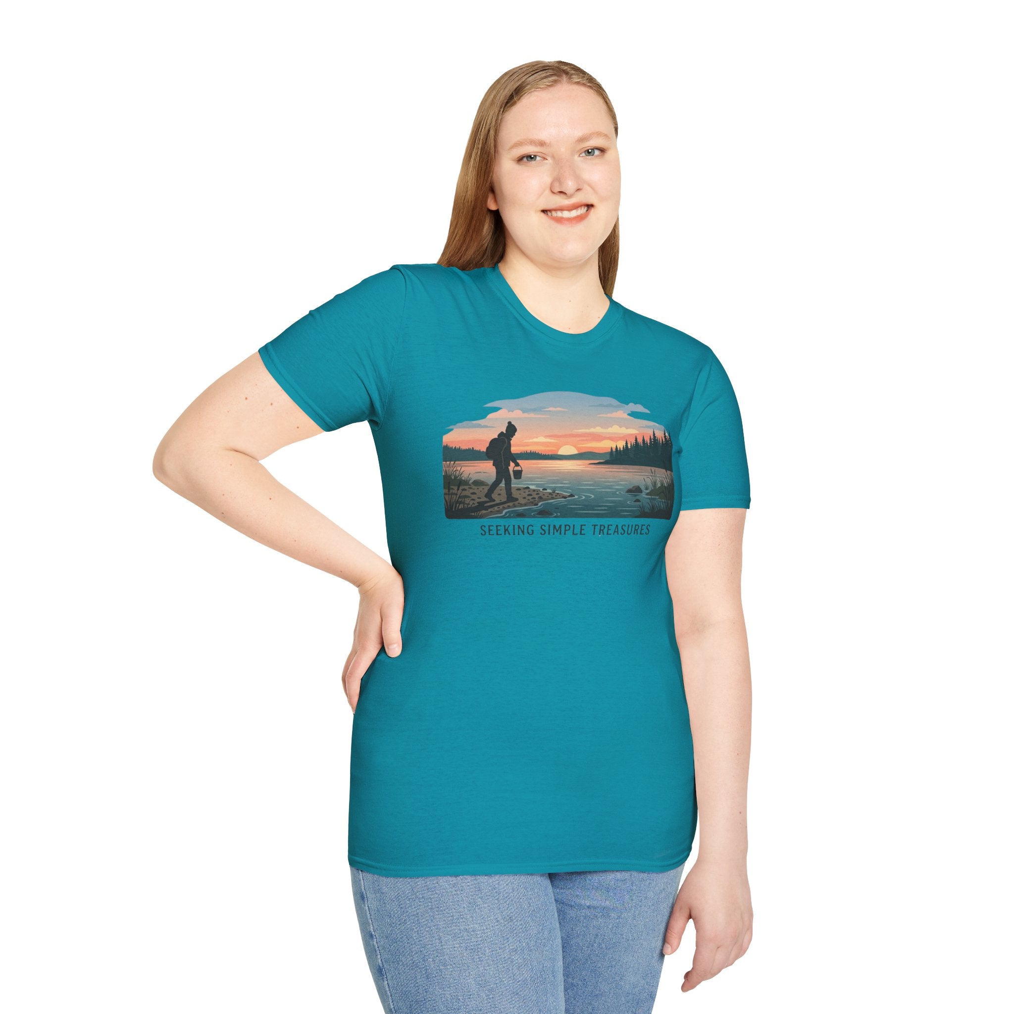Outdoor T-Shirt — "Seeking Simple Treasures" Sunset Hiker Graphic