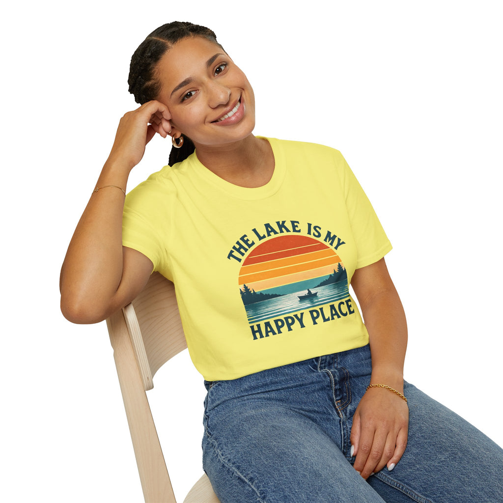 Canoe On The Lake At Sunset "The Lake Is My Happy Place" T-Shirt