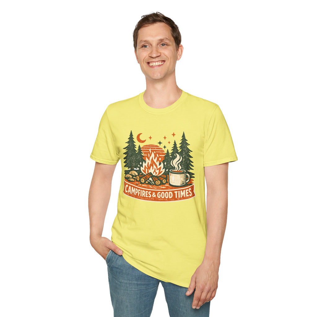 "Campfires & Good Times" T-Shirt — Retro Camping Tee with Bonfire, Trees & Coffee Mug