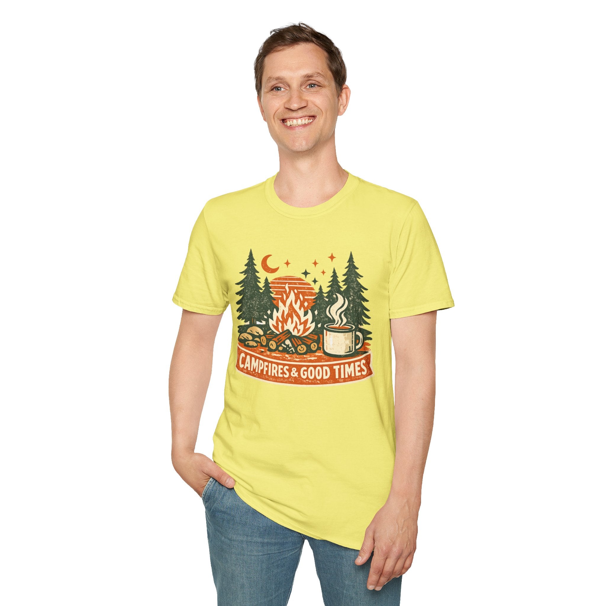 "Campfires & Good Times" T-Shirt — Retro Camping Tee with Bonfire, Trees & Coffee Mug