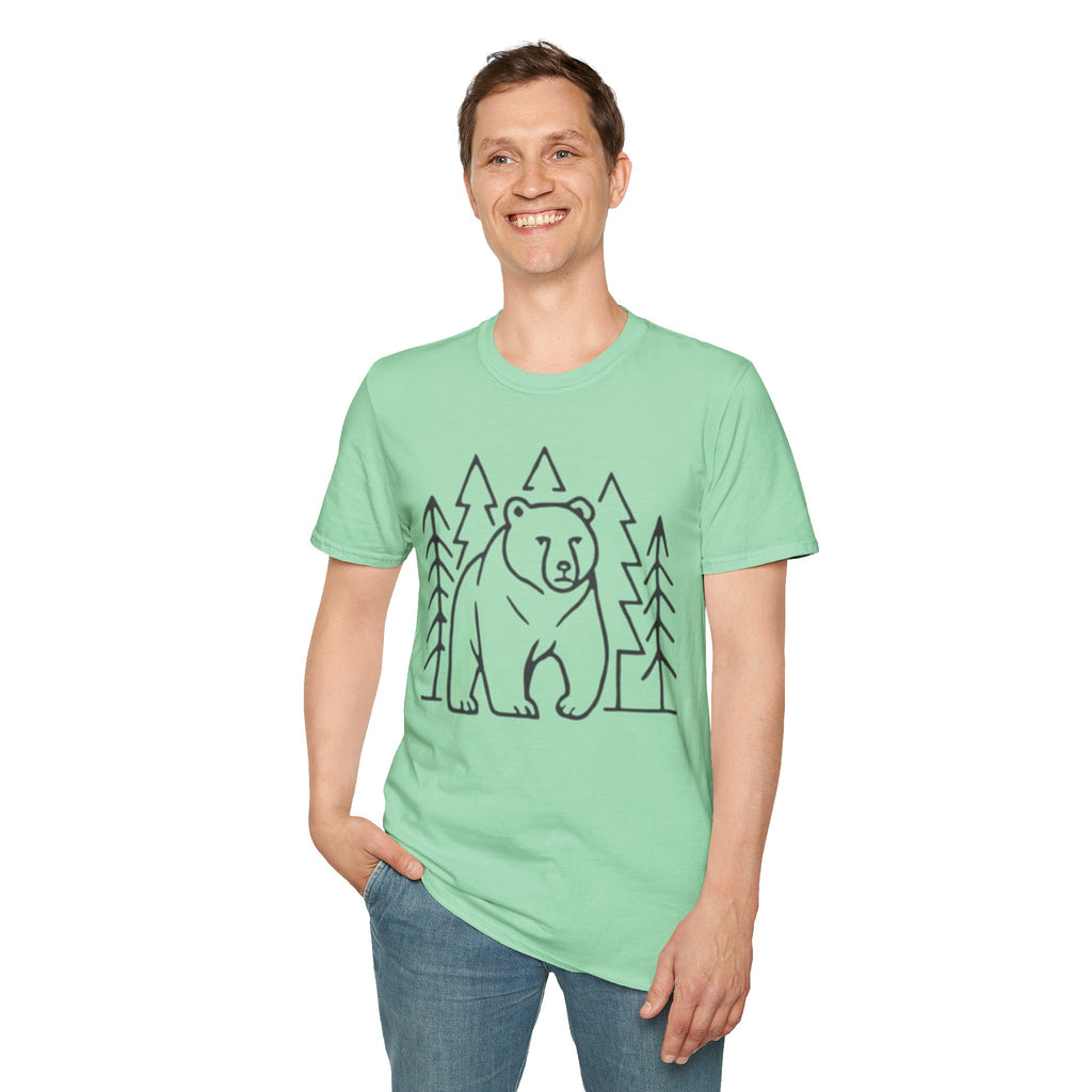Bear & Pines T-Shirt — Minimal Line Drawing Woodland Tee