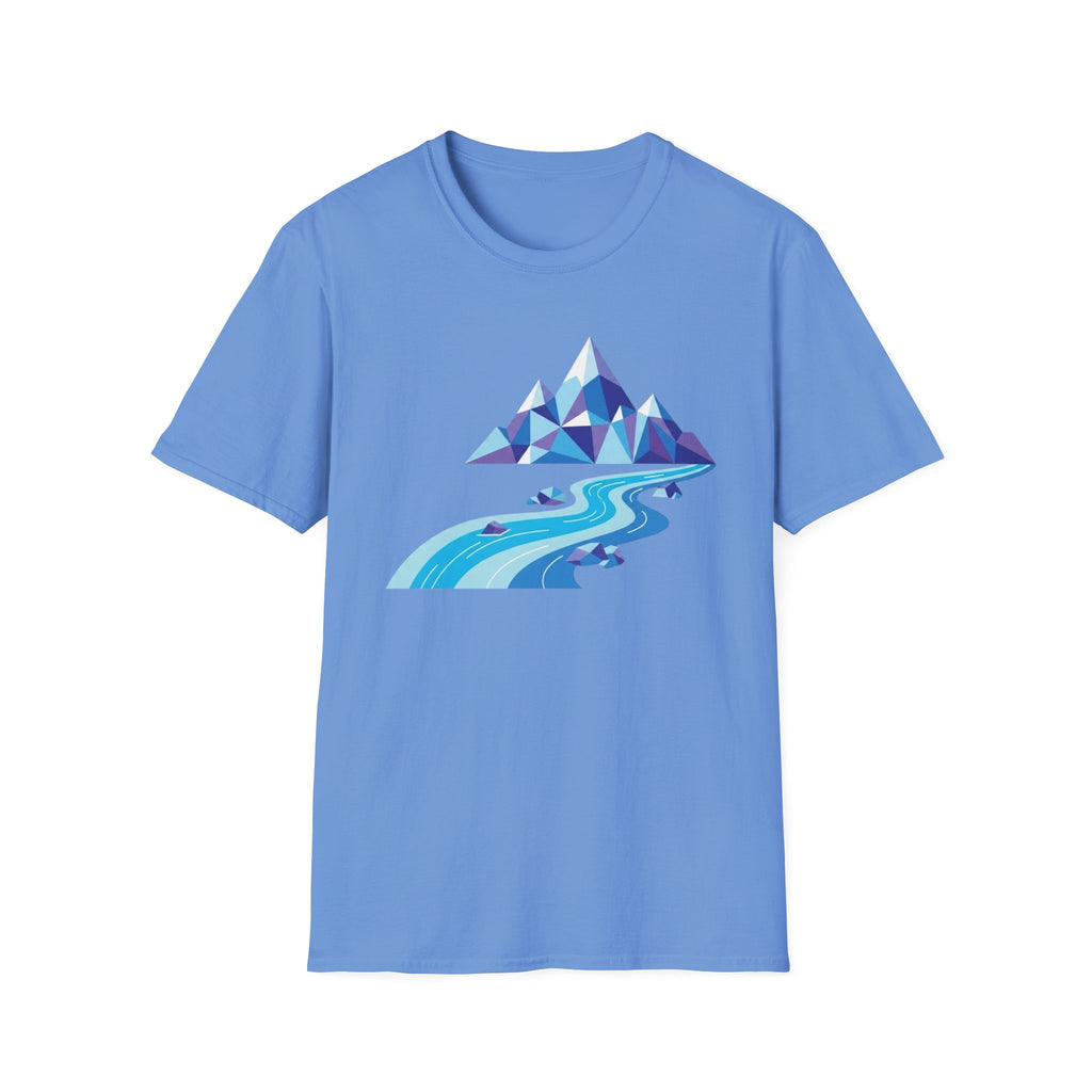 Mountain River T-Shirt — Geometric Blue Peaks & Flowing River