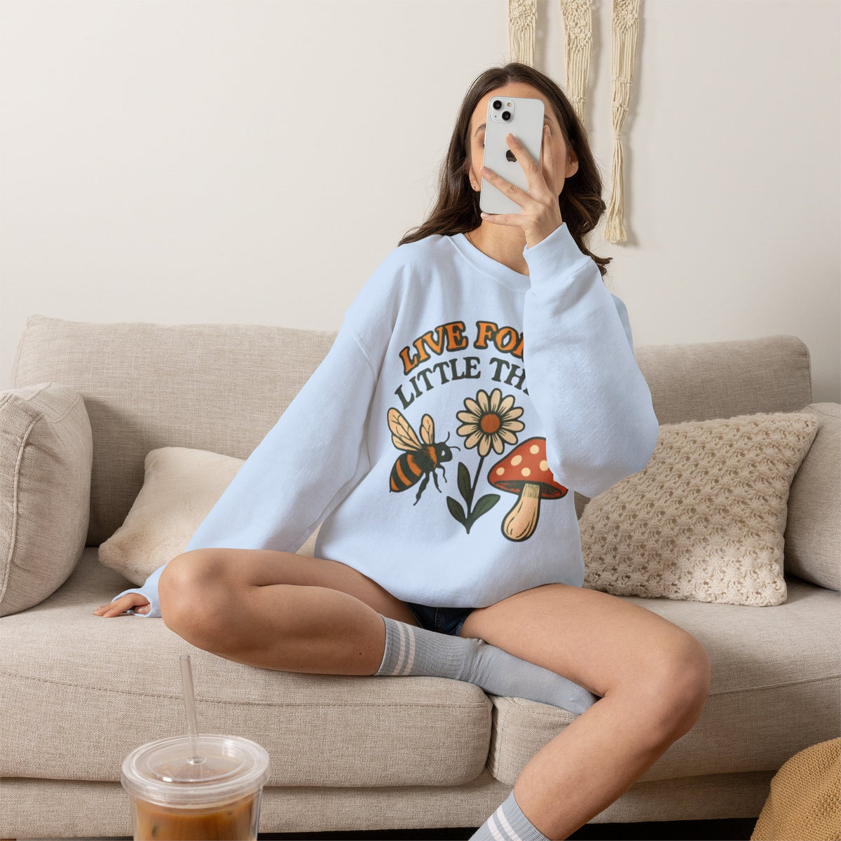 "Live For The Little Things" Bee, Daisy & Mushroom Retro Nature Design Crewneck Sweatshirt