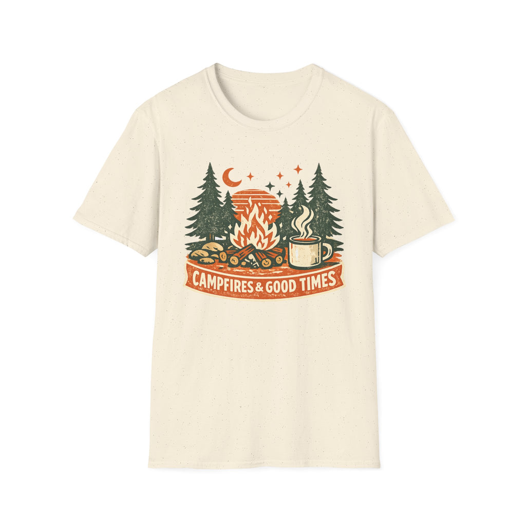 "Campfires & Good Times" T-Shirt — Retro Camping Tee with Bonfire, Trees & Coffee Mug