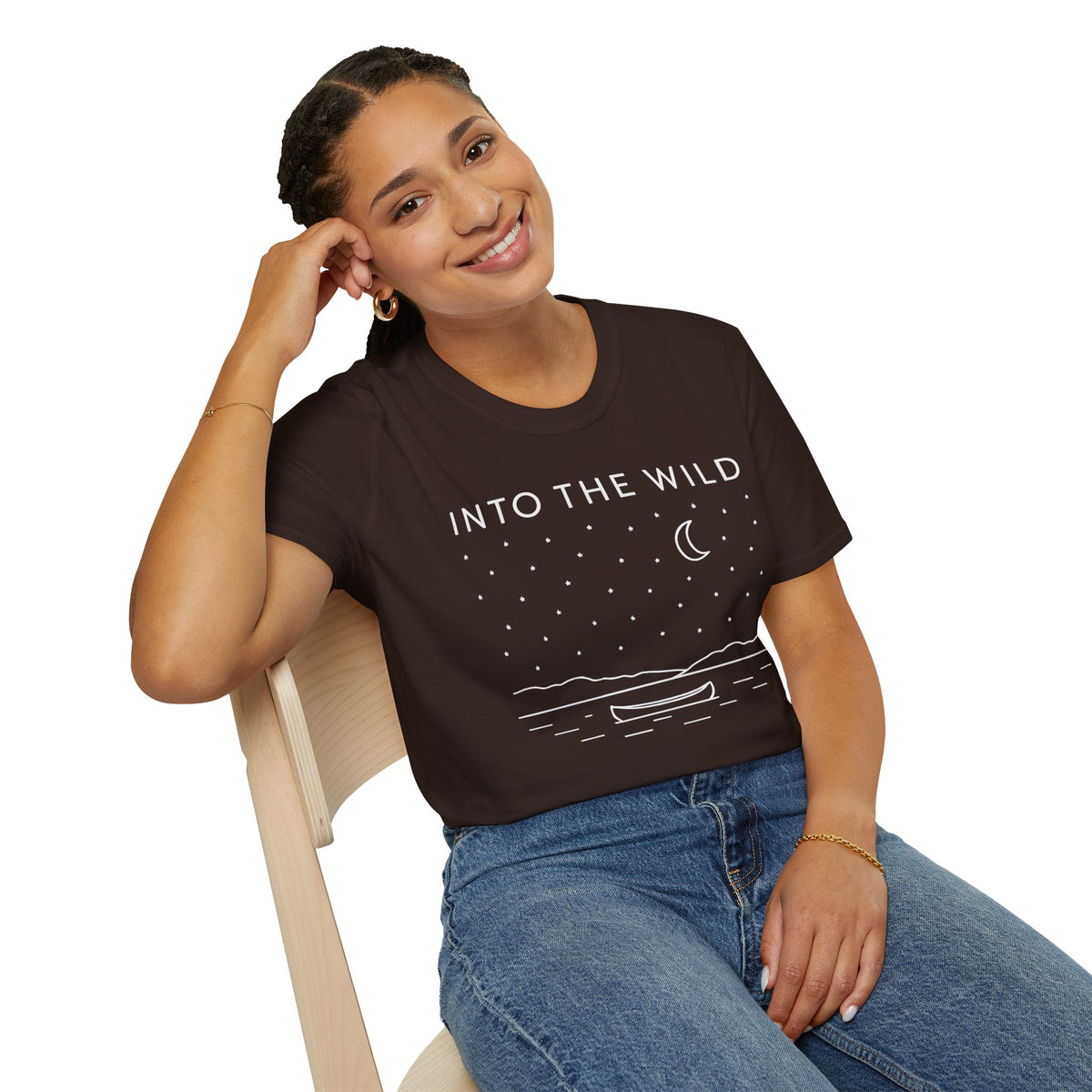 Into The Wild Canoe T-Shirt - Minimal Night Sky Lake Camping Tee