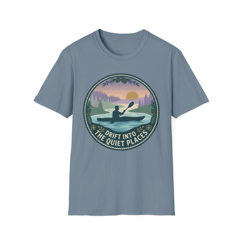 "Drift Into The Quiet Places" Kayak Sunset T‑Shirt — Outdoor Relaxation Tee Shirt