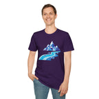 Mountain River T-Shirt — Geometric Blue Peaks & Flowing River