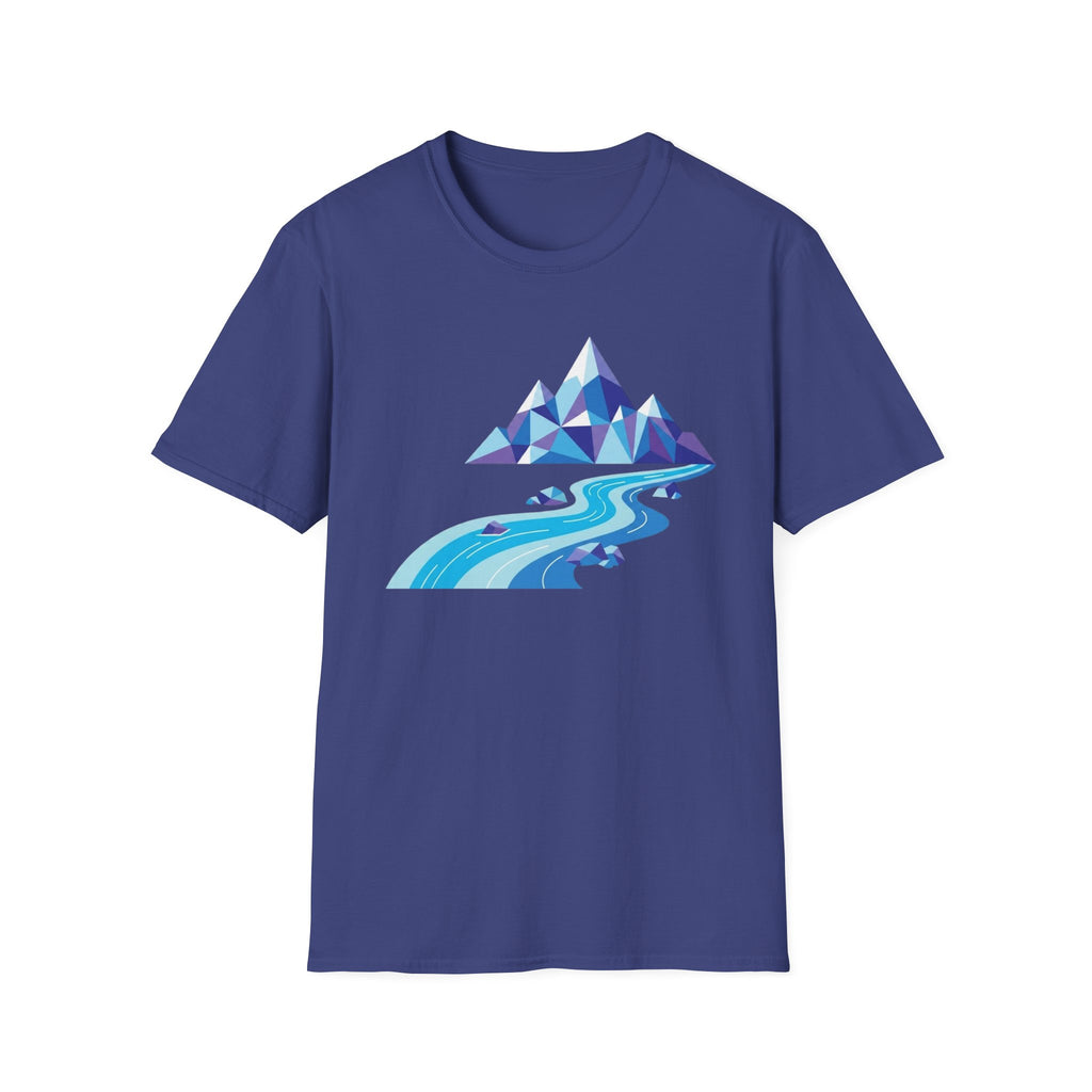 Mountain River T-Shirt — Geometric Blue Peaks & Flowing River