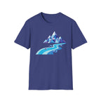 Mountain River T-Shirt — Geometric Blue Peaks & Flowing River