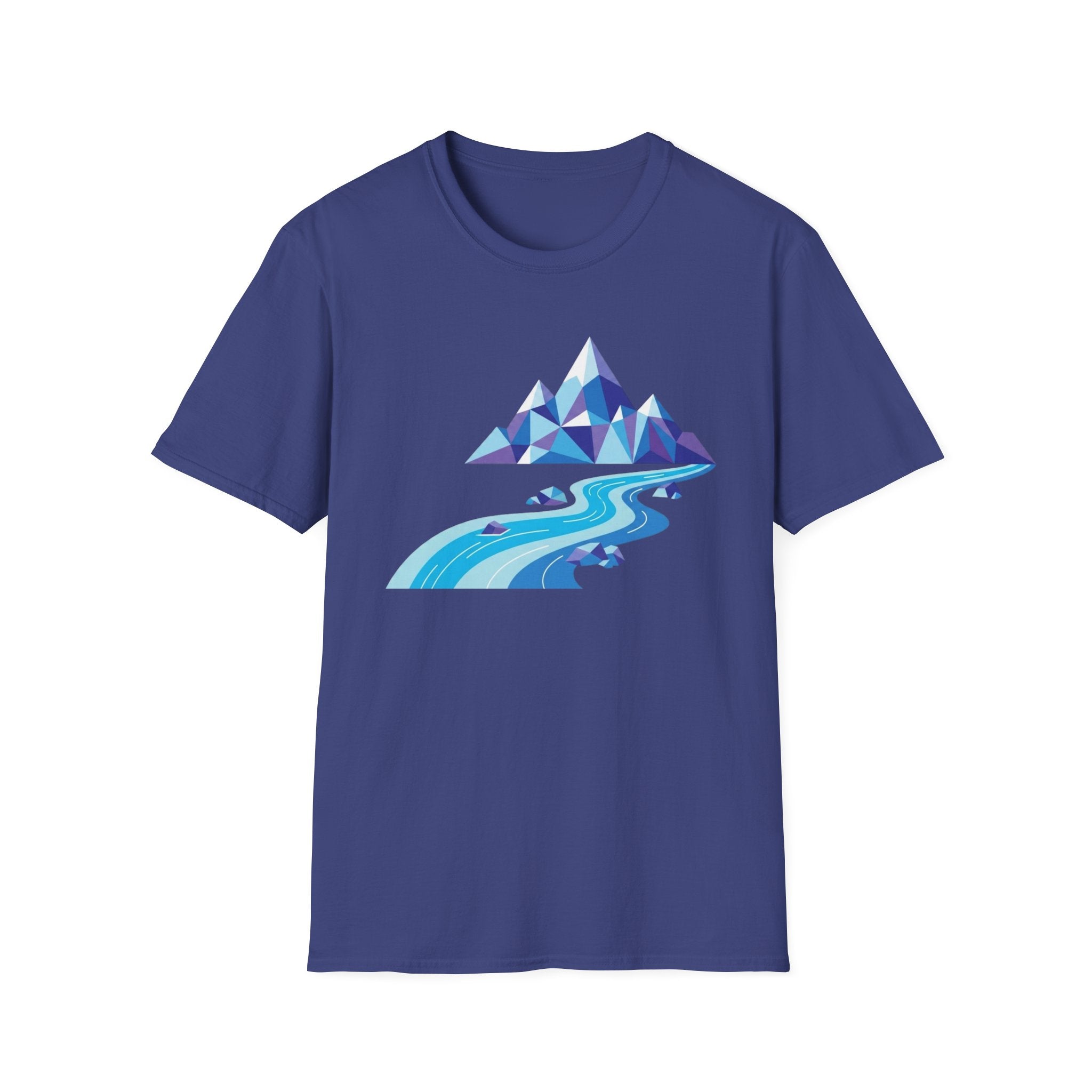 Mountain River T-Shirt — Geometric Blue Peaks & Flowing River