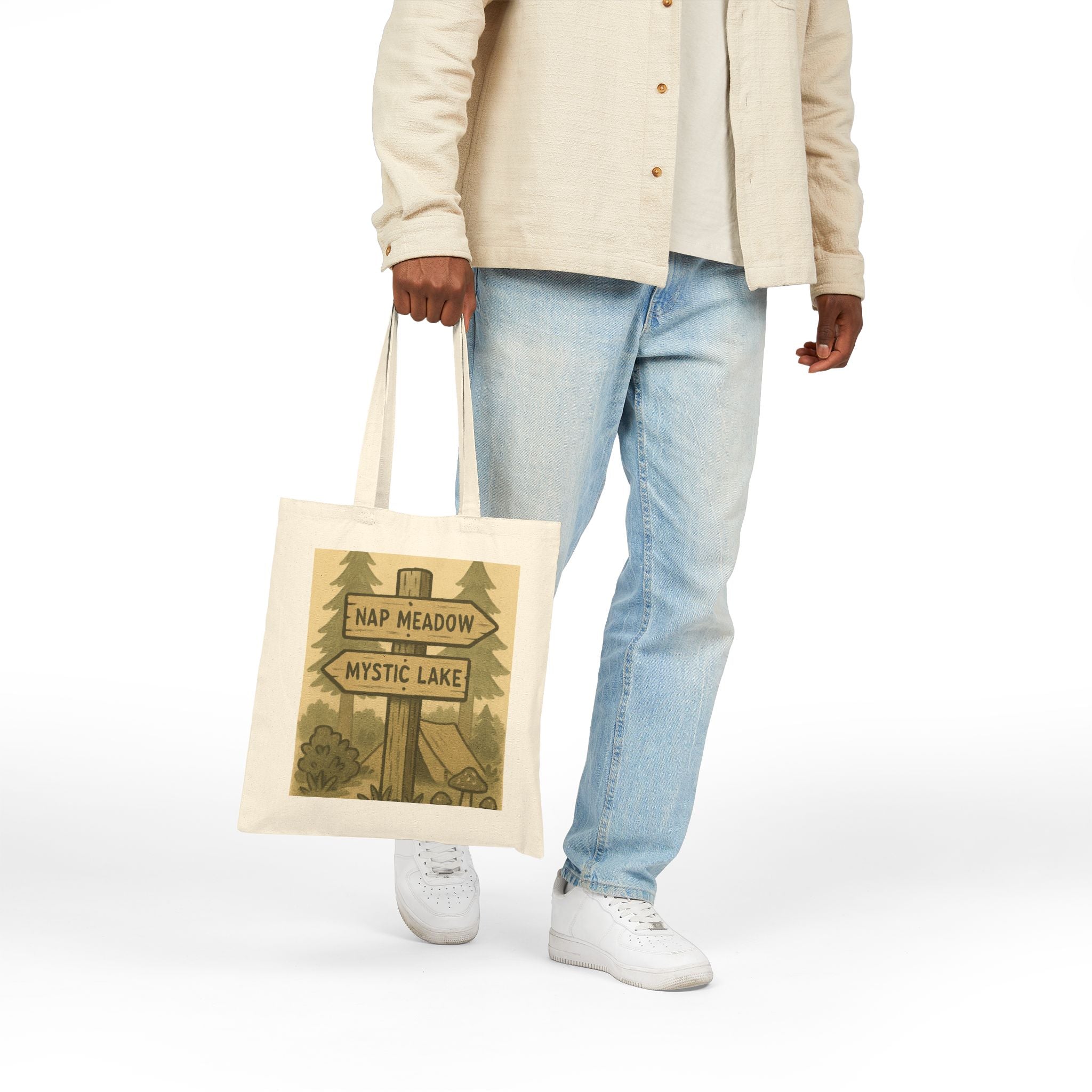 Tote Bag — Rustic ‘Nap Meadow / Mystic Lake’ Camping Sign Canvas Tote