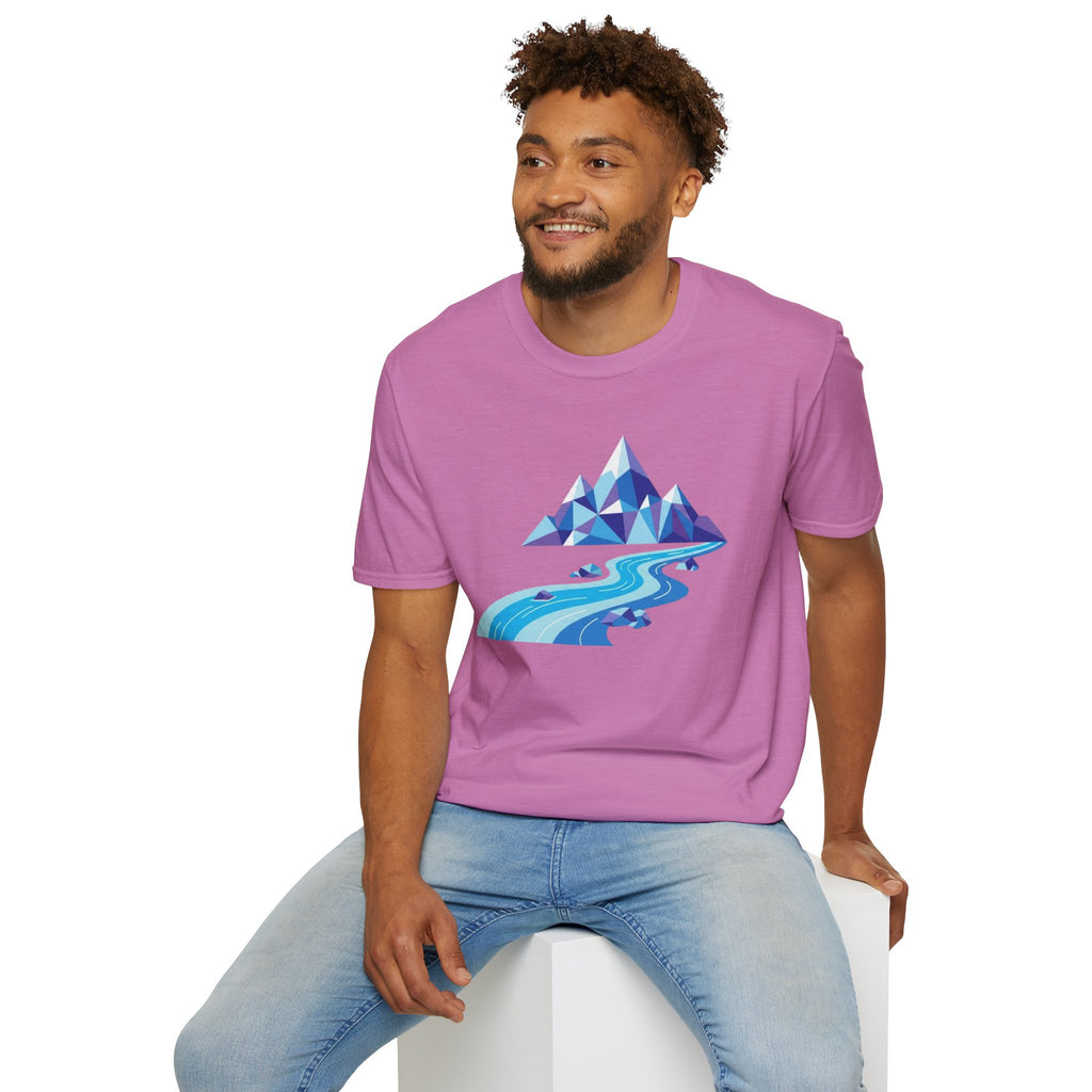 Mountain River T-Shirt — Geometric Blue Peaks & Flowing River
