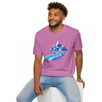 Mountain River T-Shirt — Geometric Blue Peaks & Flowing River