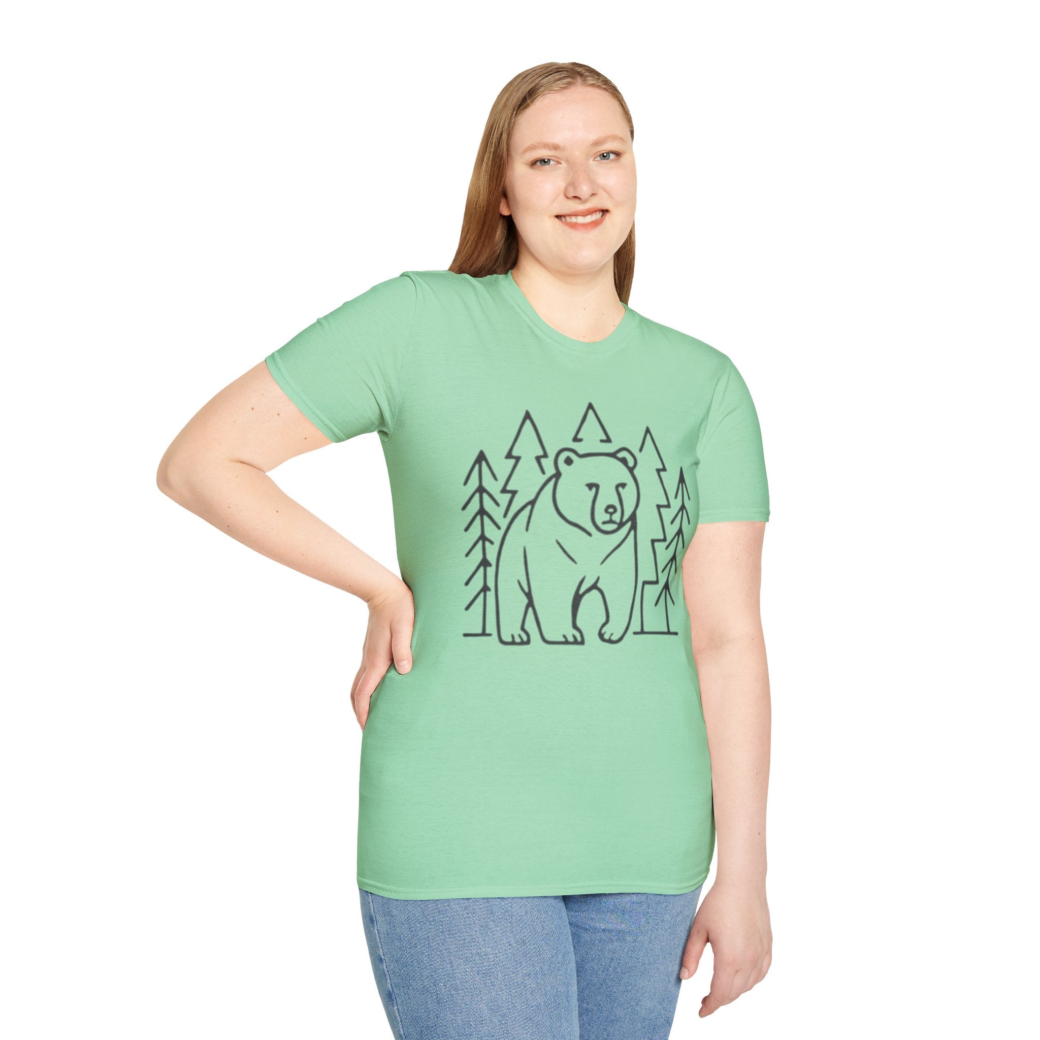 Bear & Pines T-Shirt — Minimal Line Drawing Woodland Tee