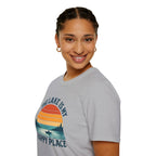 Canoe On The Lake At Sunset "The Lake Is My Happy Place" T-Shirt