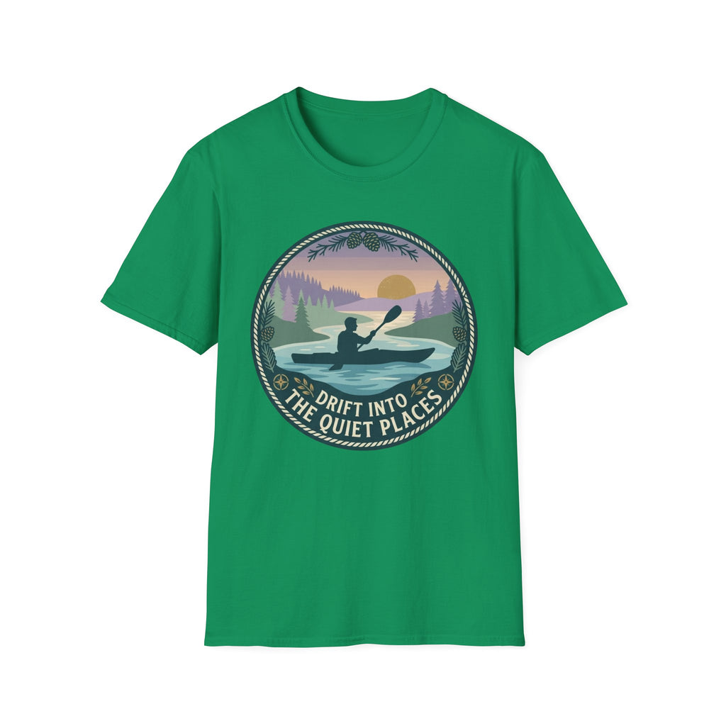 Kayak Sunset T‑Shirt — "Drift Into The Quiet Places" Outdoor Relaxation Tee