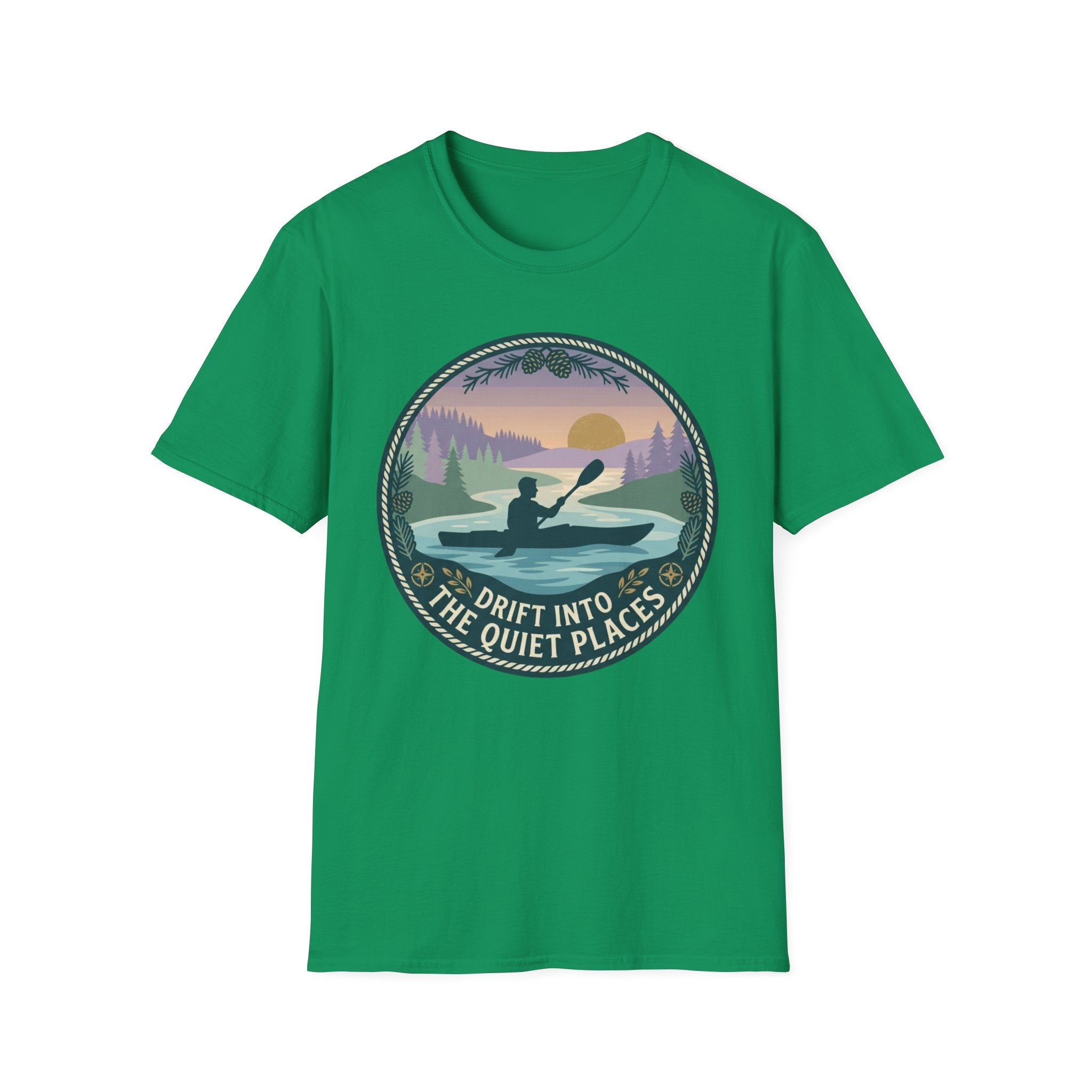 Kayak Sunset T‑Shirt — "Drift Into The Quiet Places" Outdoor Relaxation Tee