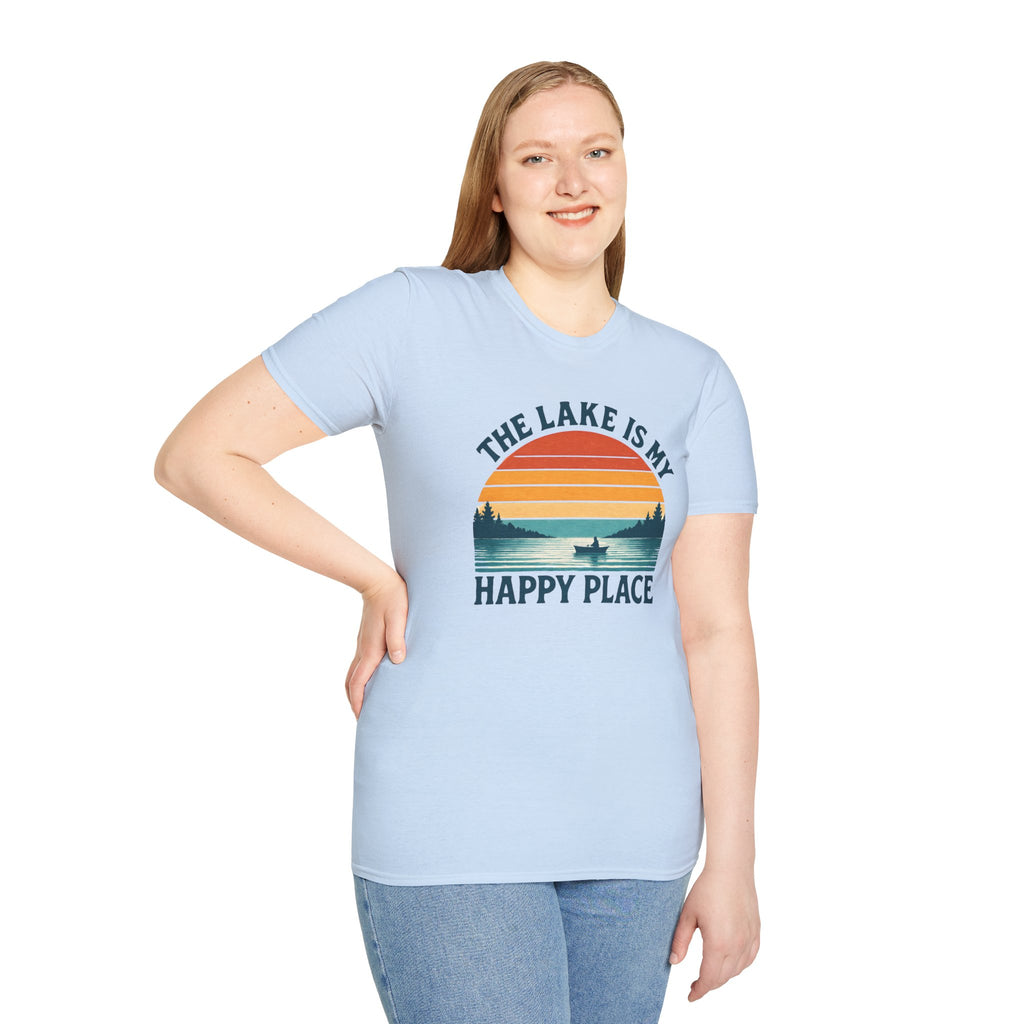 Canoe On The Lake At Sunset "The Lake Is My Happy Place" T-Shirt