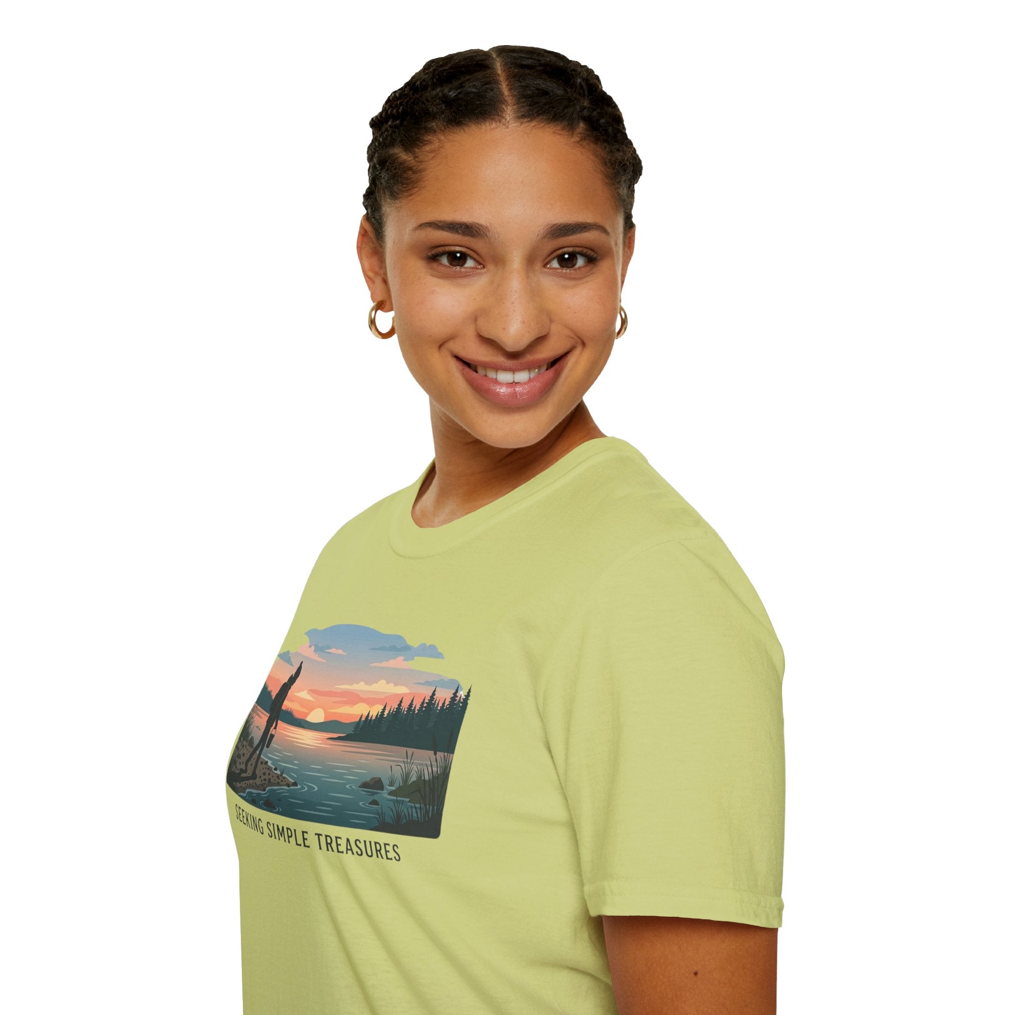 Outdoor T-Shirt — "Seeking Simple Treasures" Sunset Hiker Graphic