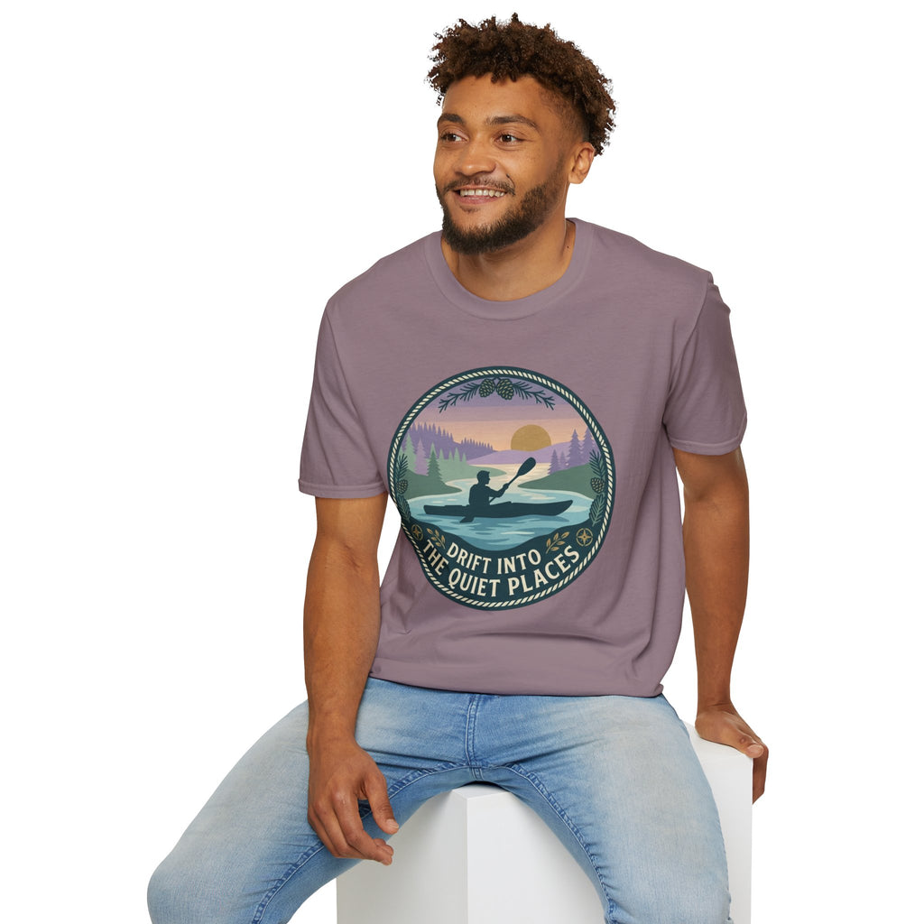 Kayak Sunset T‑Shirt — "Drift Into The Quiet Places" Outdoor Relaxation Tee