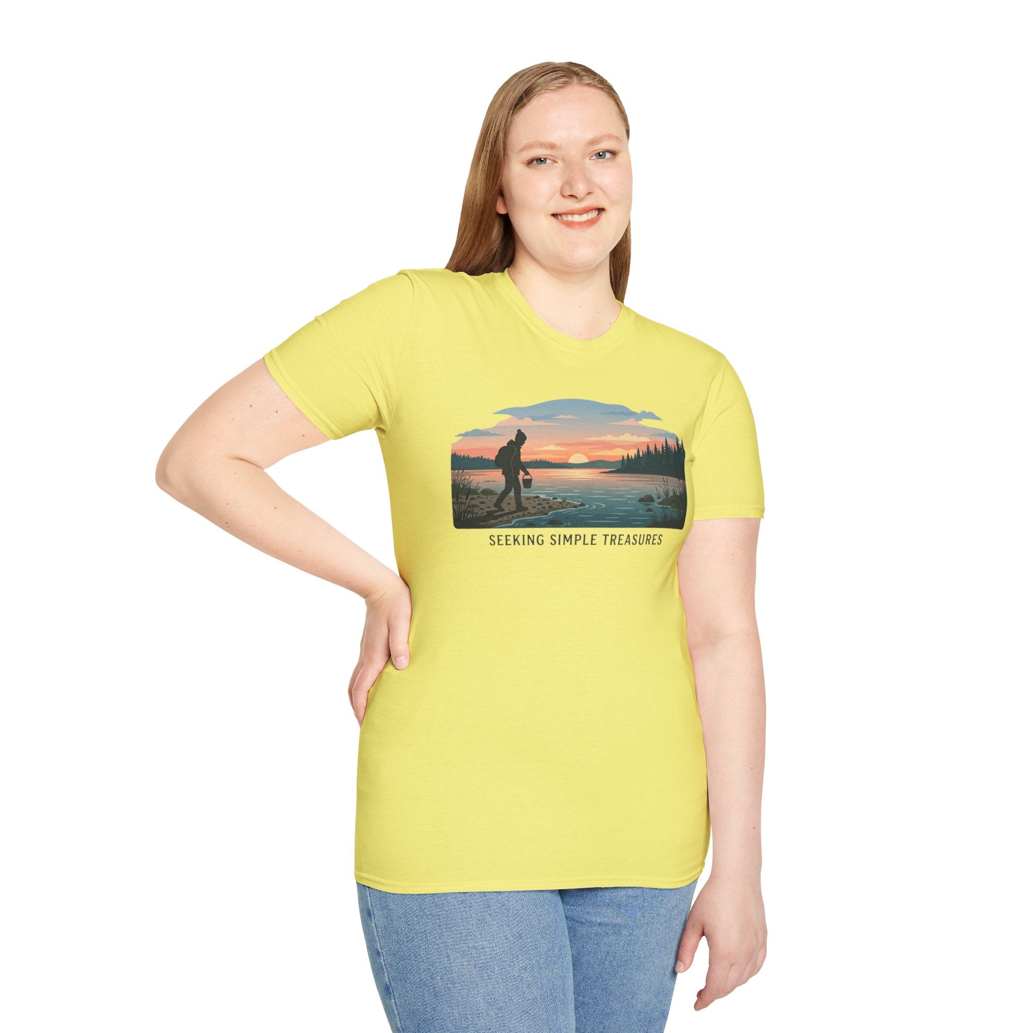 Outdoor T-Shirt — "Seeking Simple Treasures" Sunset Hiker Graphic