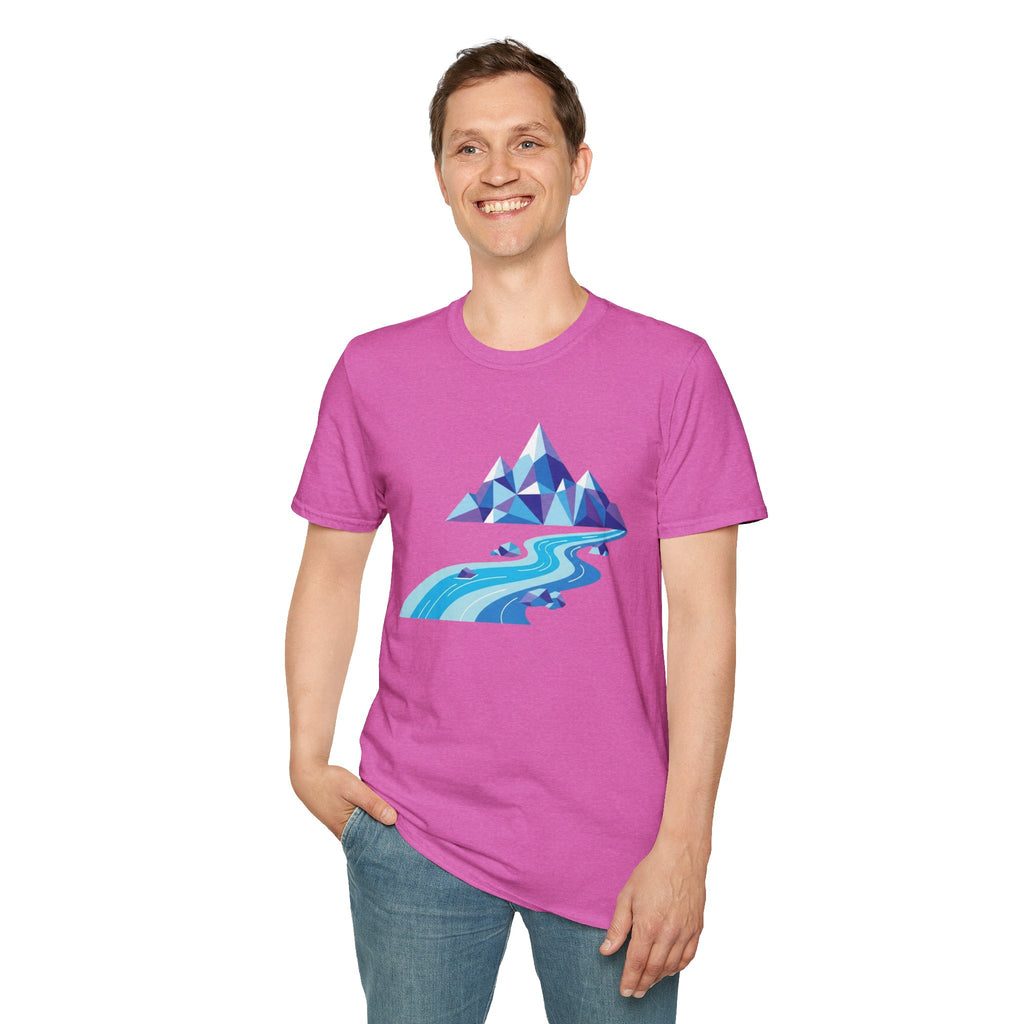 Mountain River T-Shirt — Geometric Blue Peaks & Flowing River