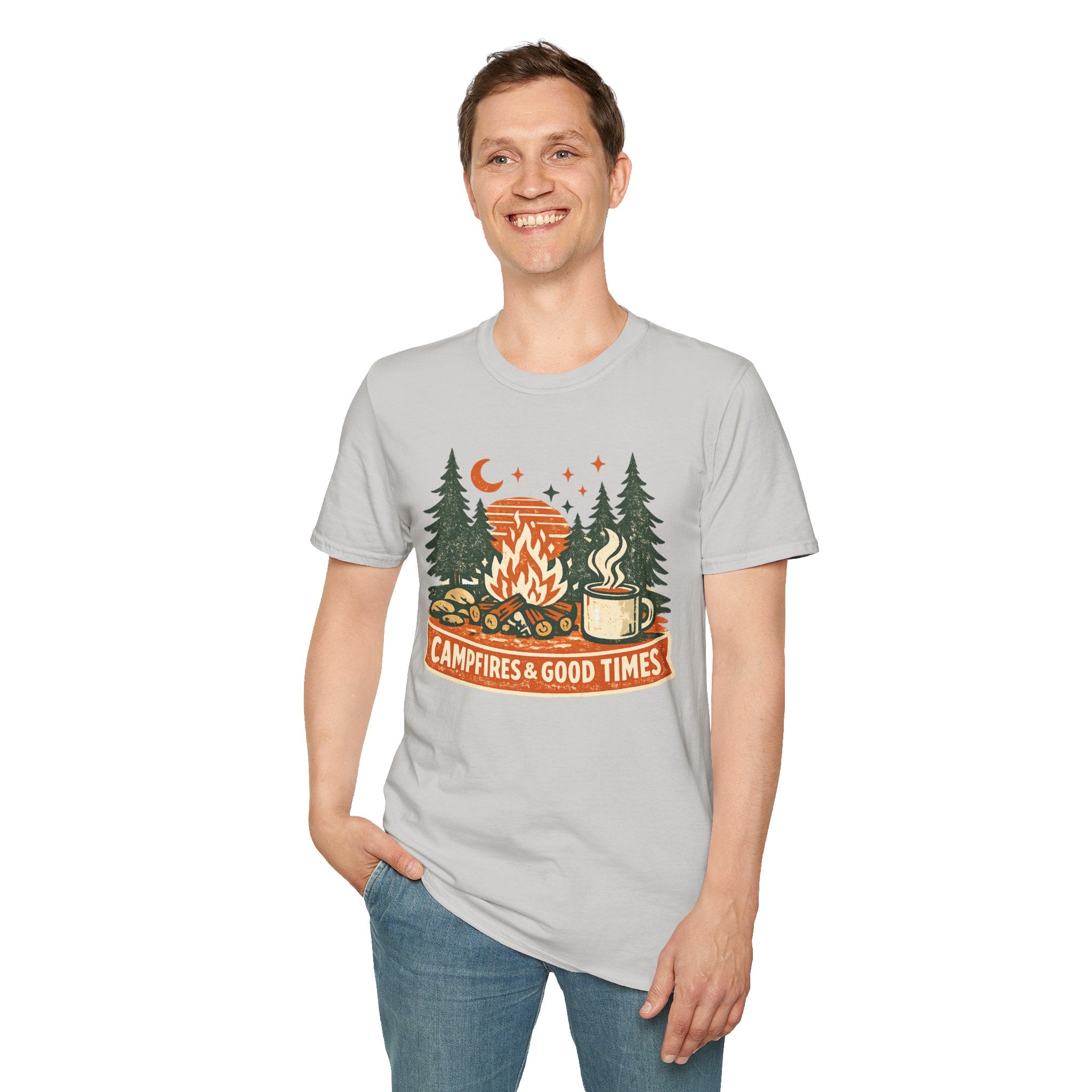 "Campfires & Good Times" T-Shirt — Retro Camping Tee with Bonfire, Trees & Coffee Mug
