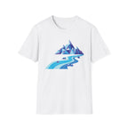 Mountain River T-Shirt — Geometric Blue Peaks & Flowing River