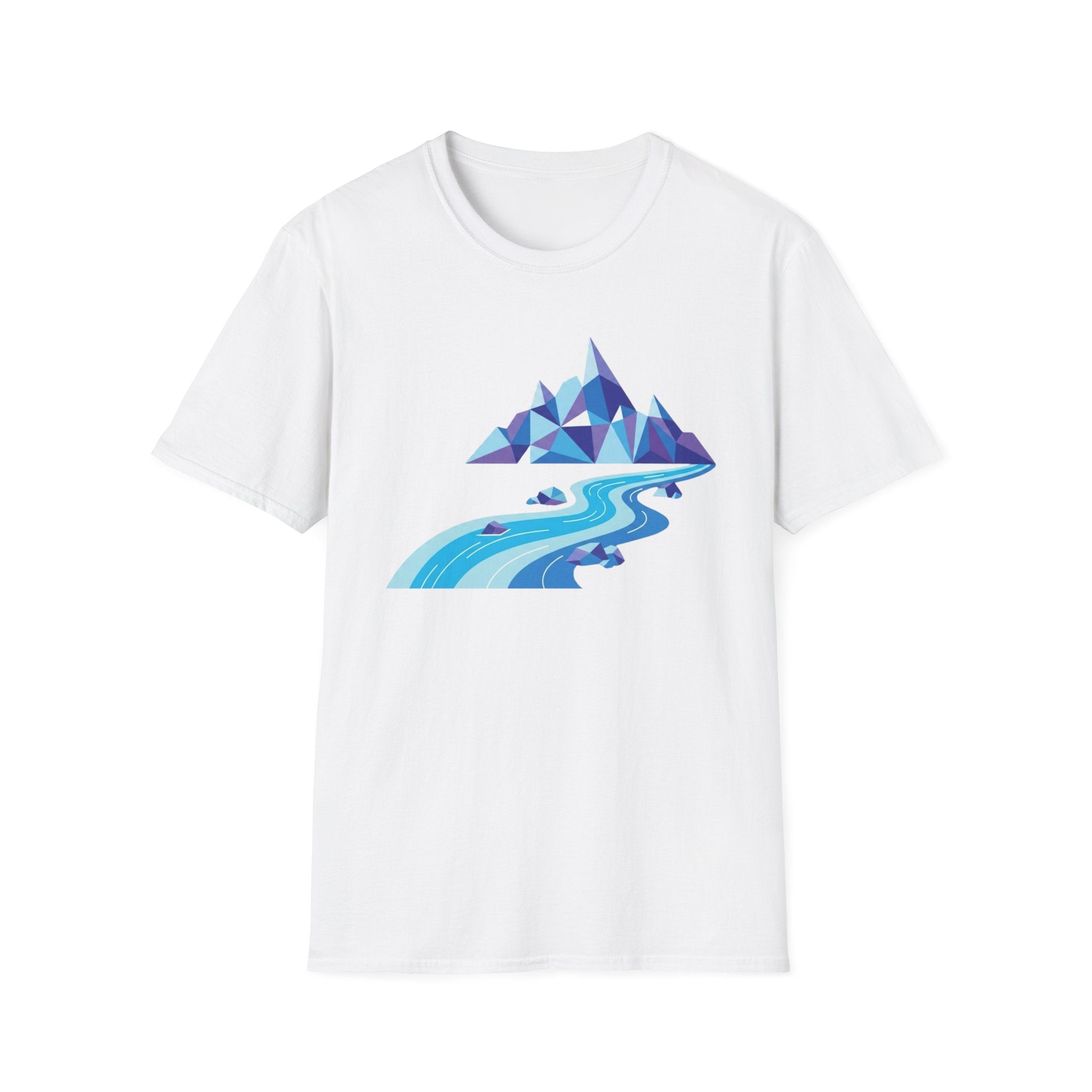 Mountain River T-Shirt — Geometric Blue Peaks & Flowing River