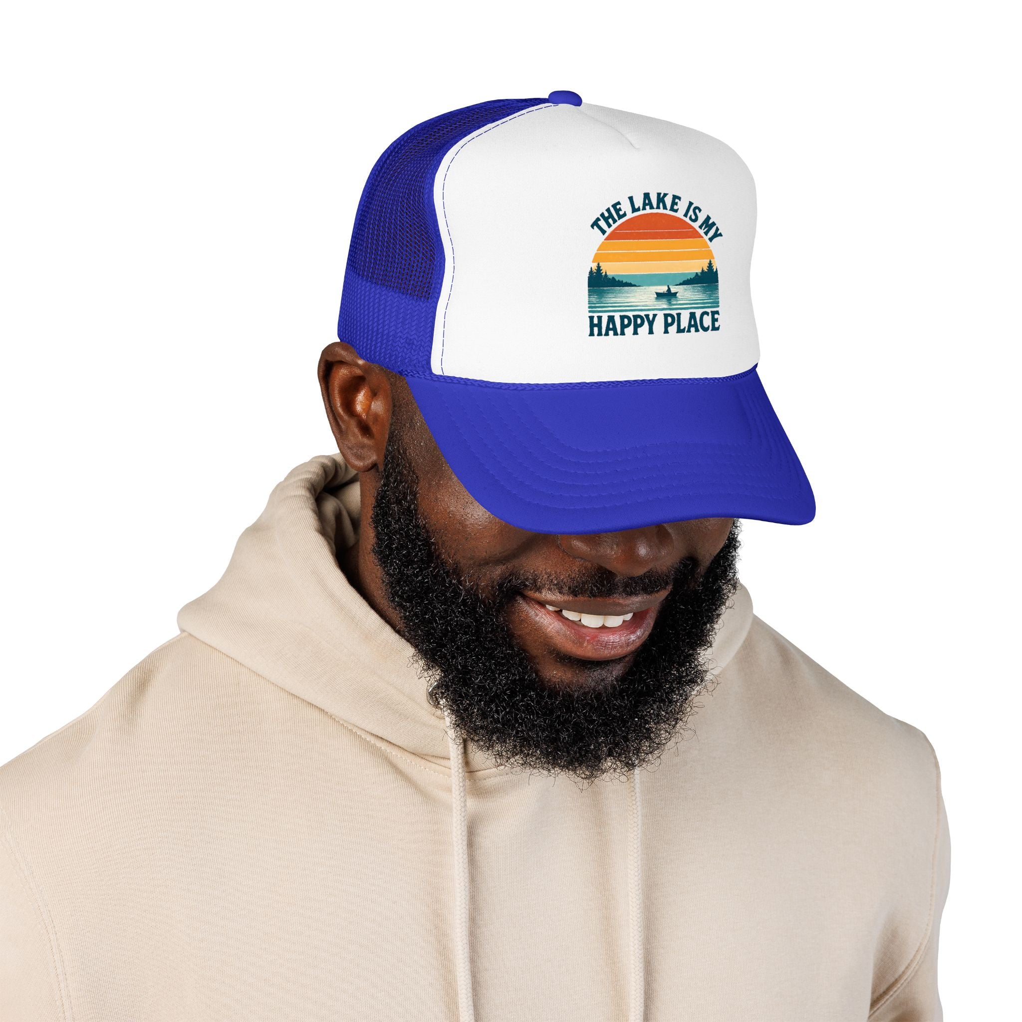 Lake Is My Happy Place Trucker Hat — Vintage Sunset Fishing Foam Cap
