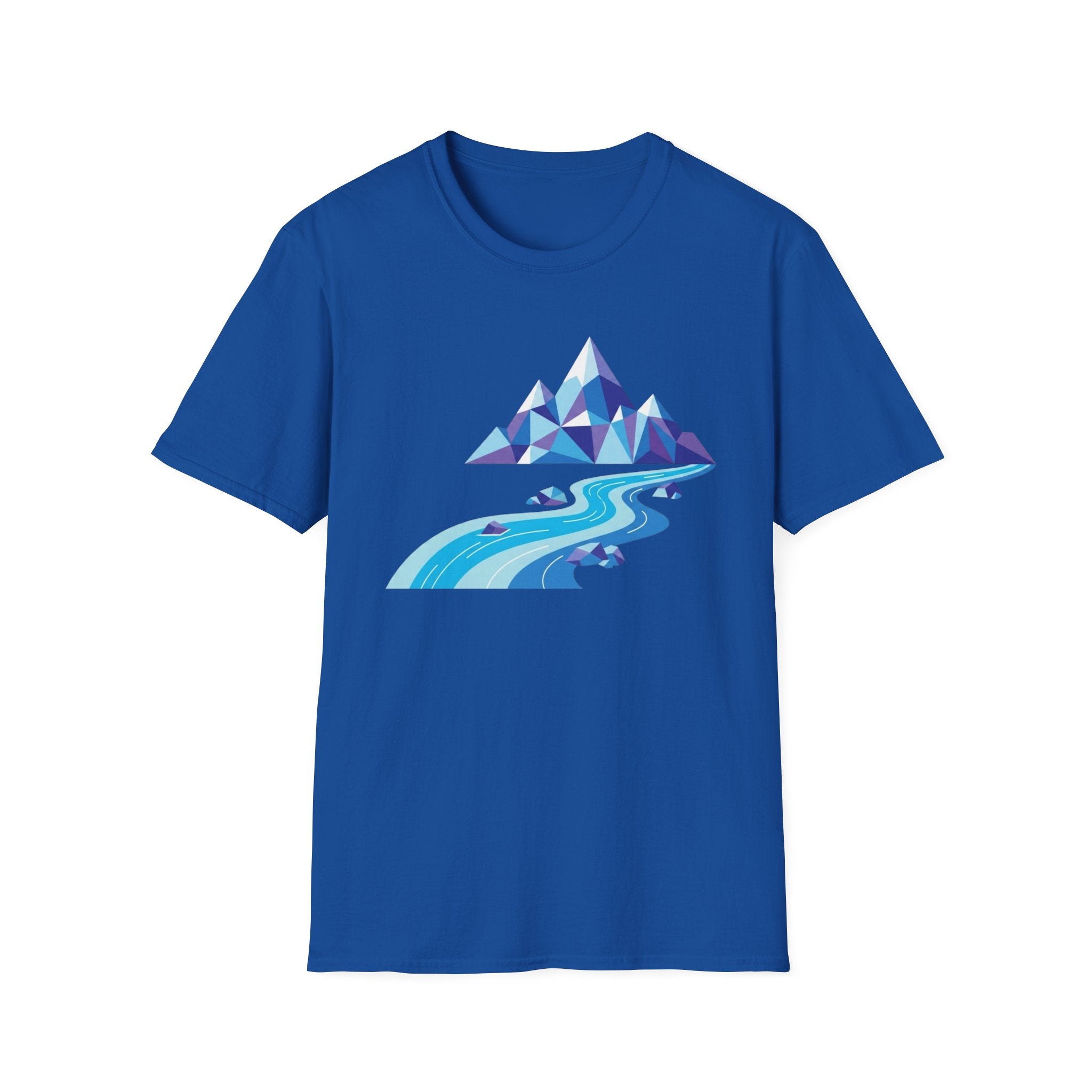 Mountain River T-Shirt — Geometric Blue Peaks & Flowing River