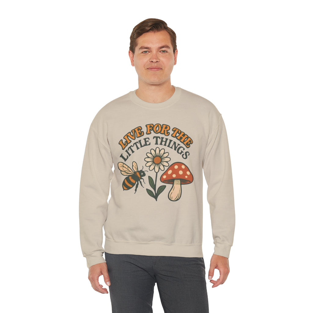 "Live For The Little Things" Bee, Daisy & Mushroom Retro Nature Design Crewneck Sweatshirt