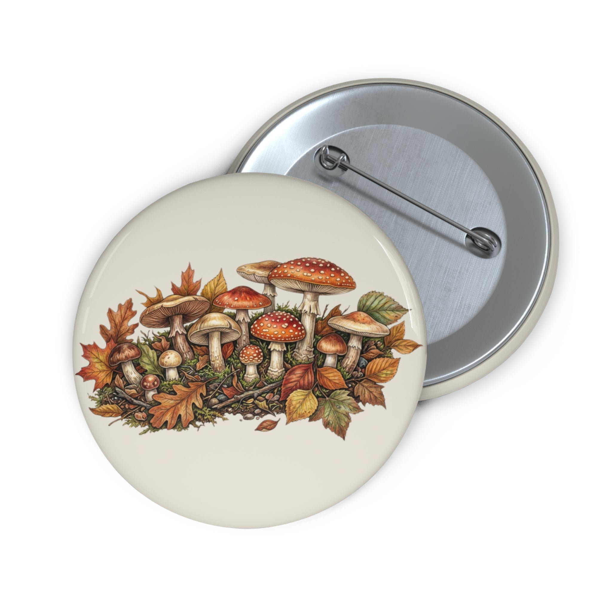 Autumn Mushroom Pin Button – Hand-Drawn Fall Fungi Badge