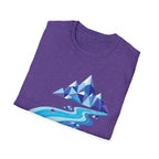 Mountain River T-Shirt — Geometric Blue Peaks & Flowing River