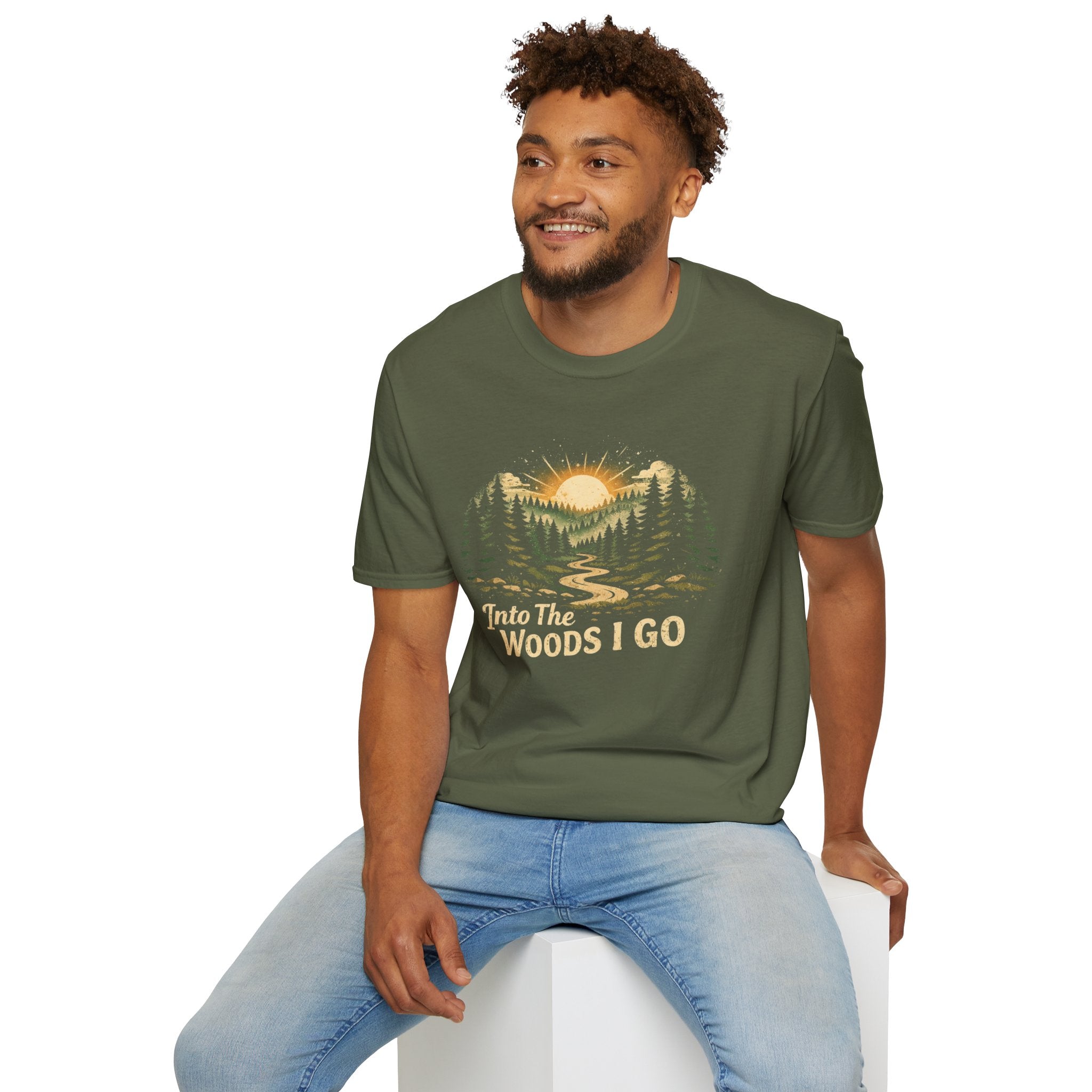 T-Shirt — "Into The Woods I Go" Vintage Forest Sunset Tee