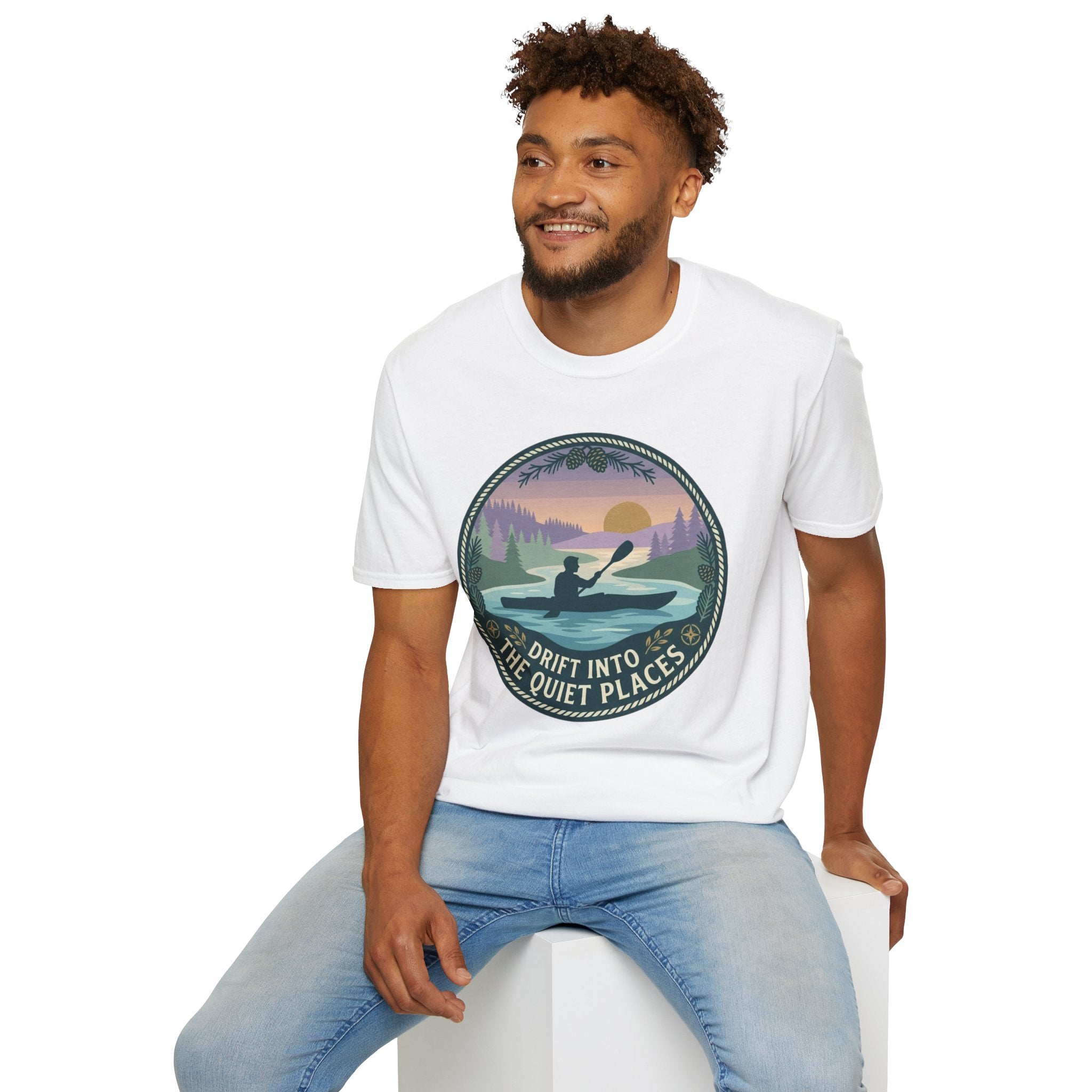 Kayak Sunset T‑Shirt — "Drift Into The Quiet Places" Outdoor Relaxation Tee