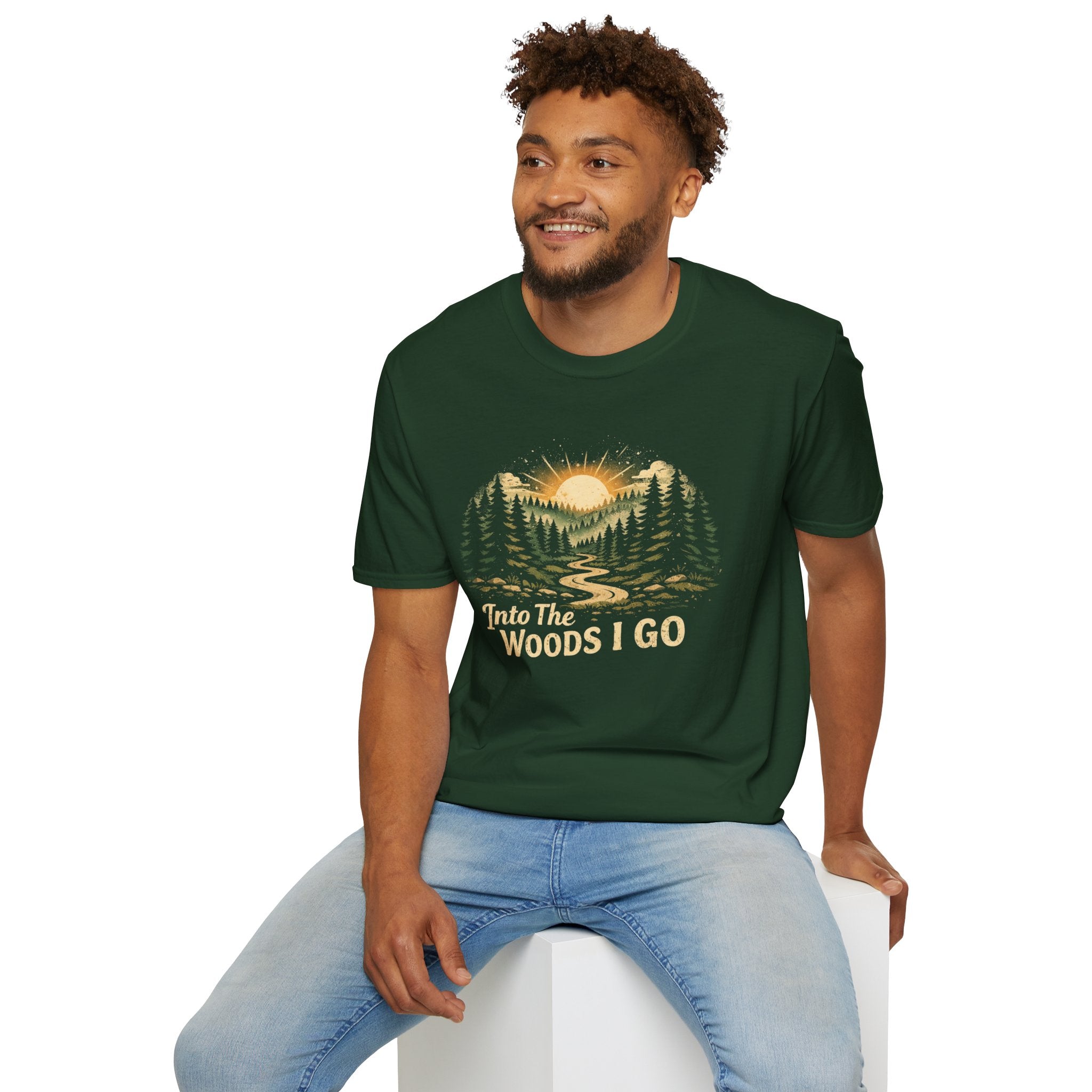 T-Shirt — "Into The Woods I Go" Vintage Forest Sunset Tee