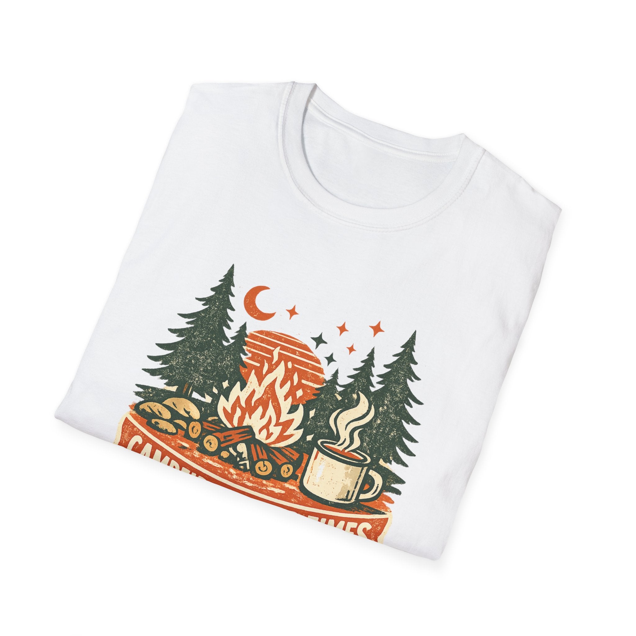 Campfires & Good Times T-Shirt — Retro Camping Tee with Bonfire, Trees & Coffee Mug