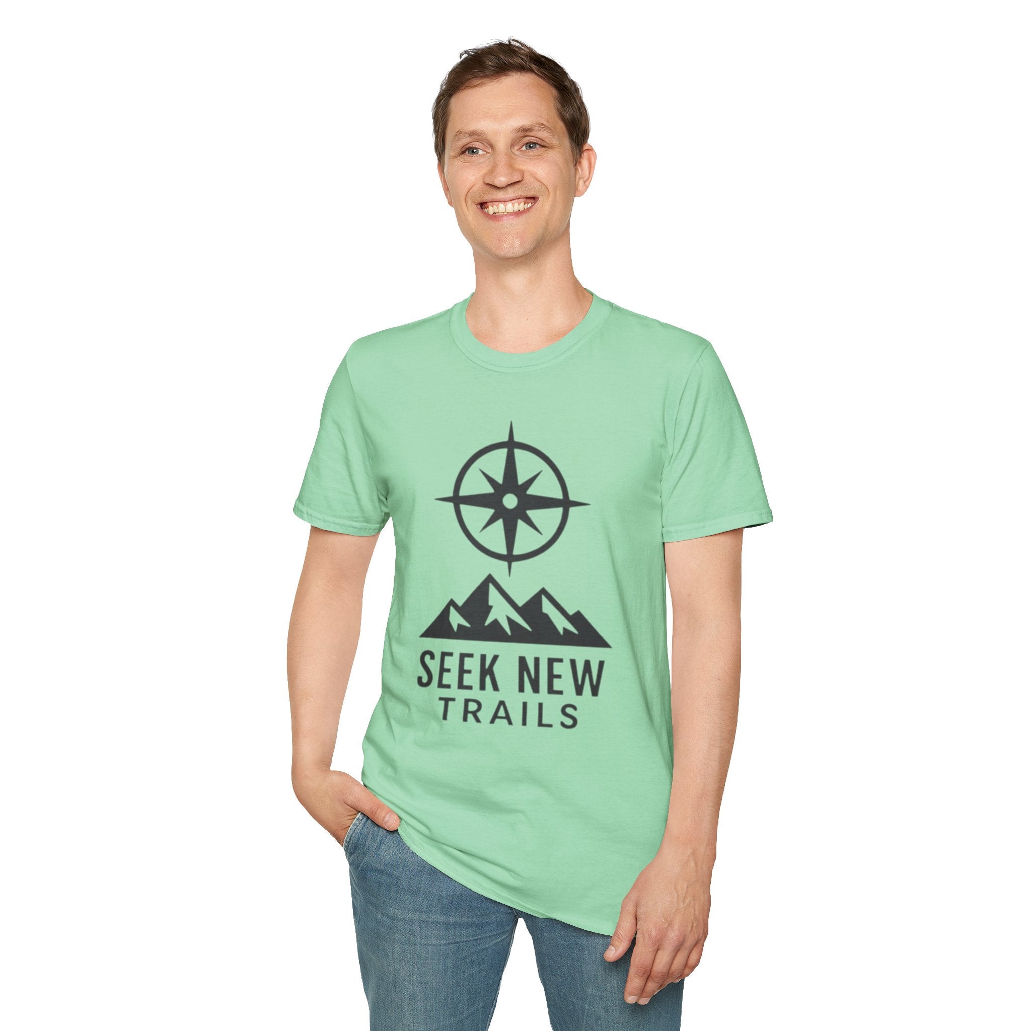 "Seek New Trails" Compass Over Mountains T-Shirt
