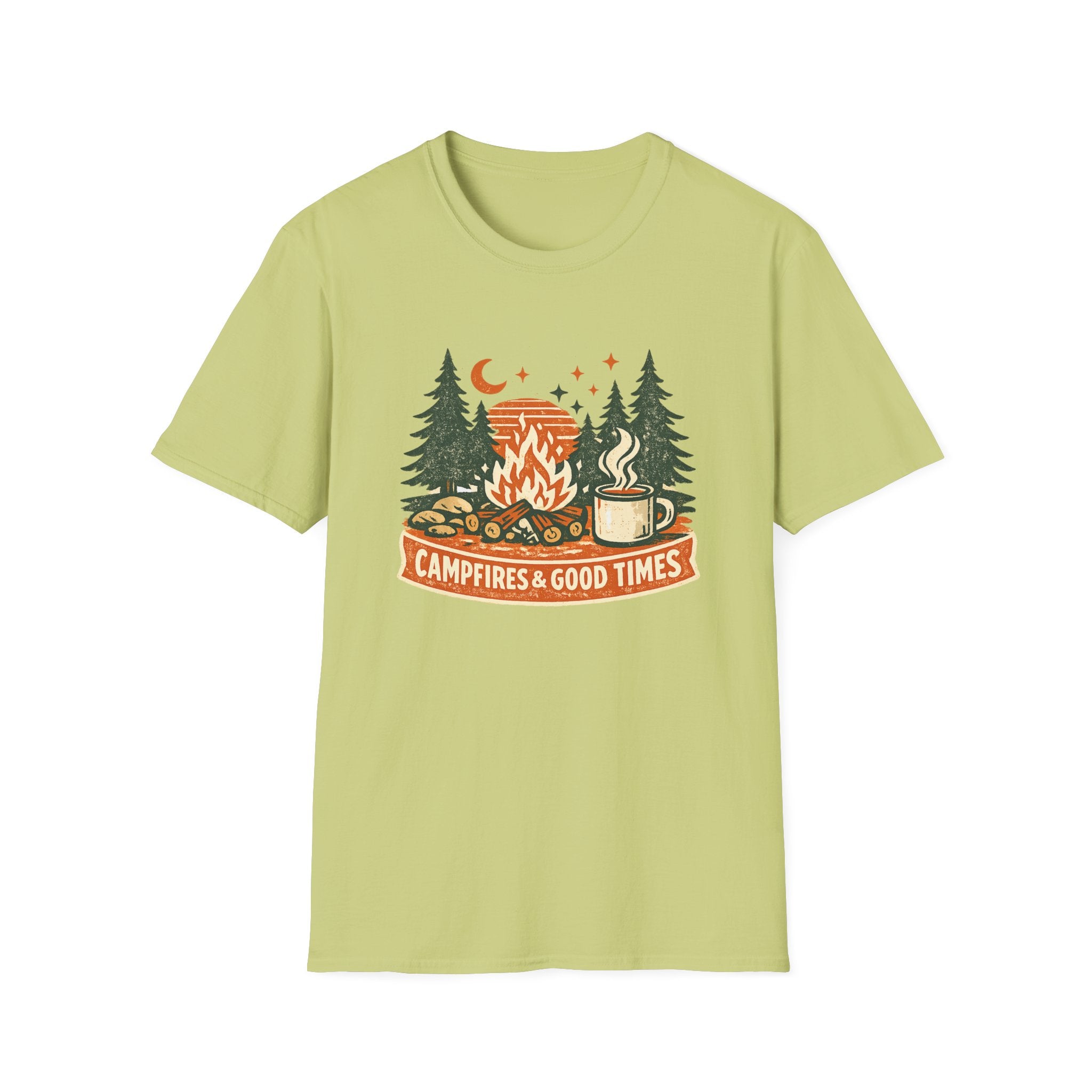 Campfires & Good Times T-Shirt — Retro Camping Tee with Bonfire, Trees & Coffee Mug