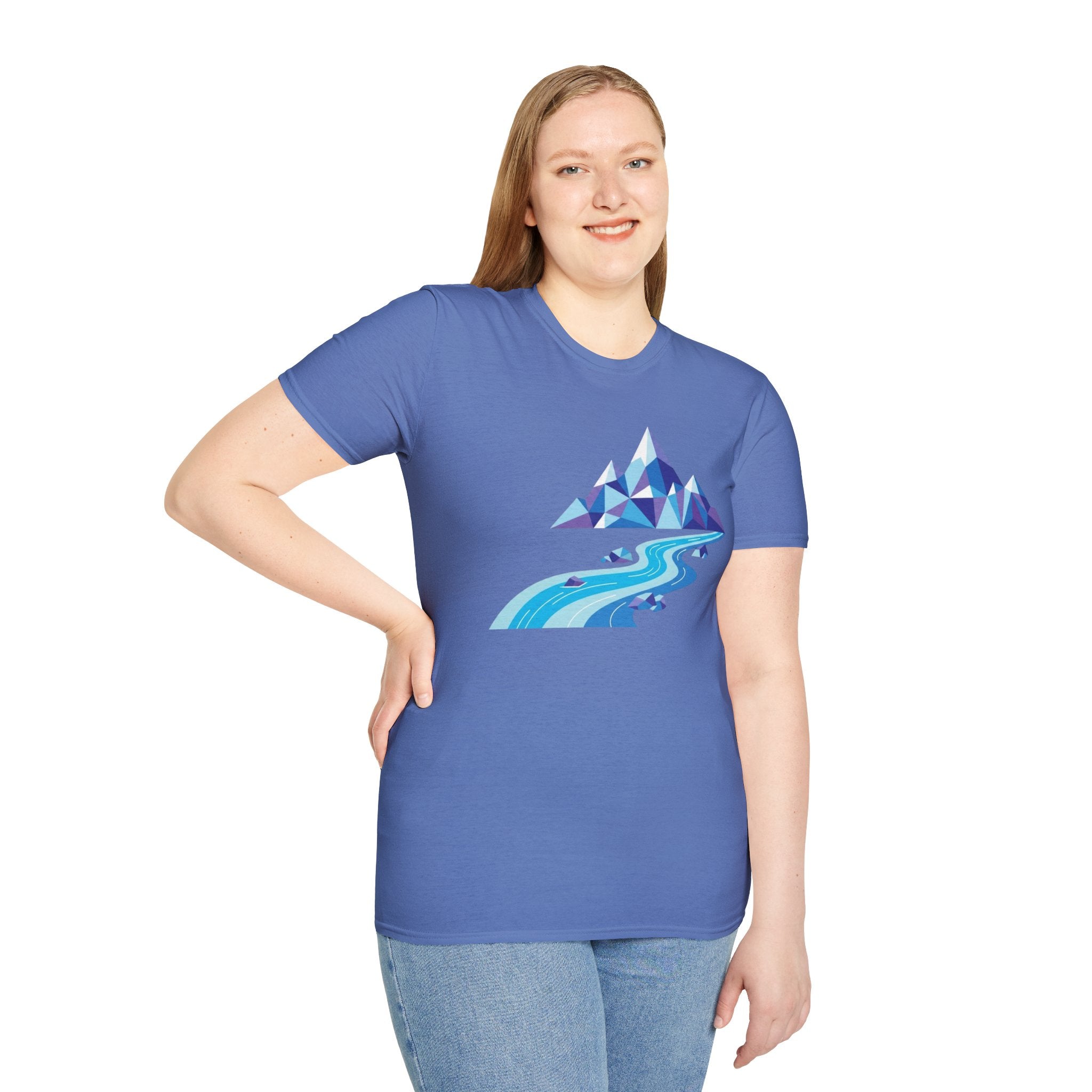 Mountain River T-Shirt — Geometric Blue Peaks & Flowing River
