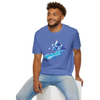 Mountain River T-Shirt — Geometric Blue Peaks & Flowing River
