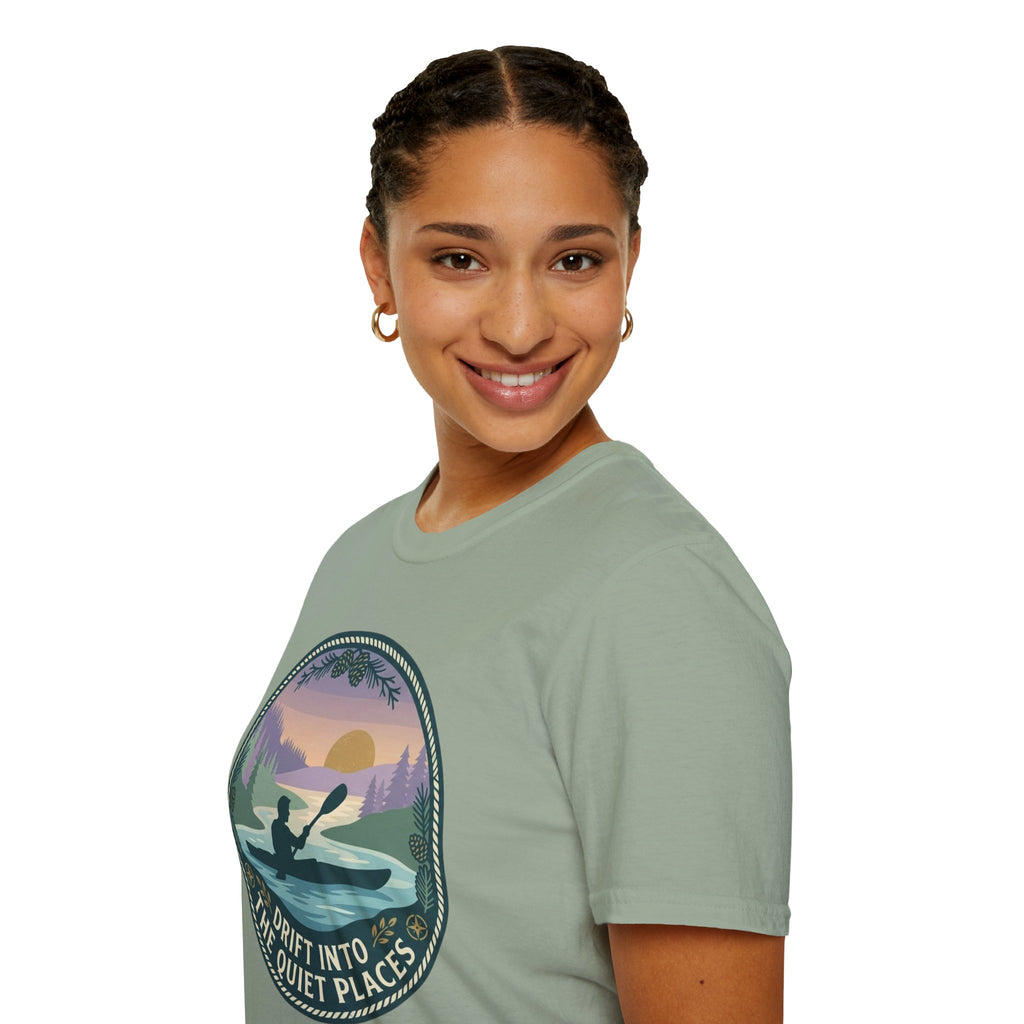 Kayak Sunset T‑Shirt — "Drift Into The Quiet Places" Outdoor Relaxation Tee