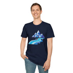 Mountain River T-Shirt — Geometric Blue Peaks & Flowing River