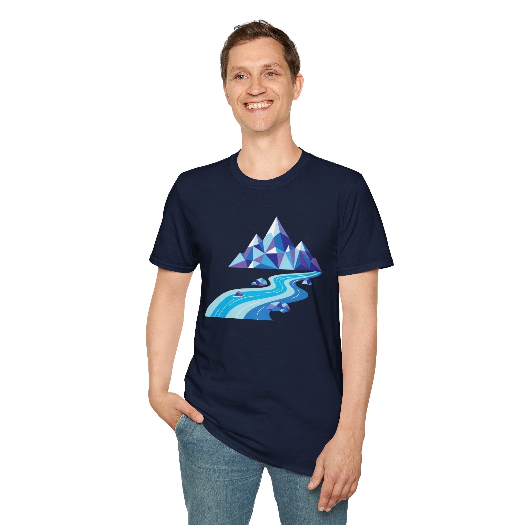 Mountain River T-Shirt — Geometric Blue Peaks & Flowing River