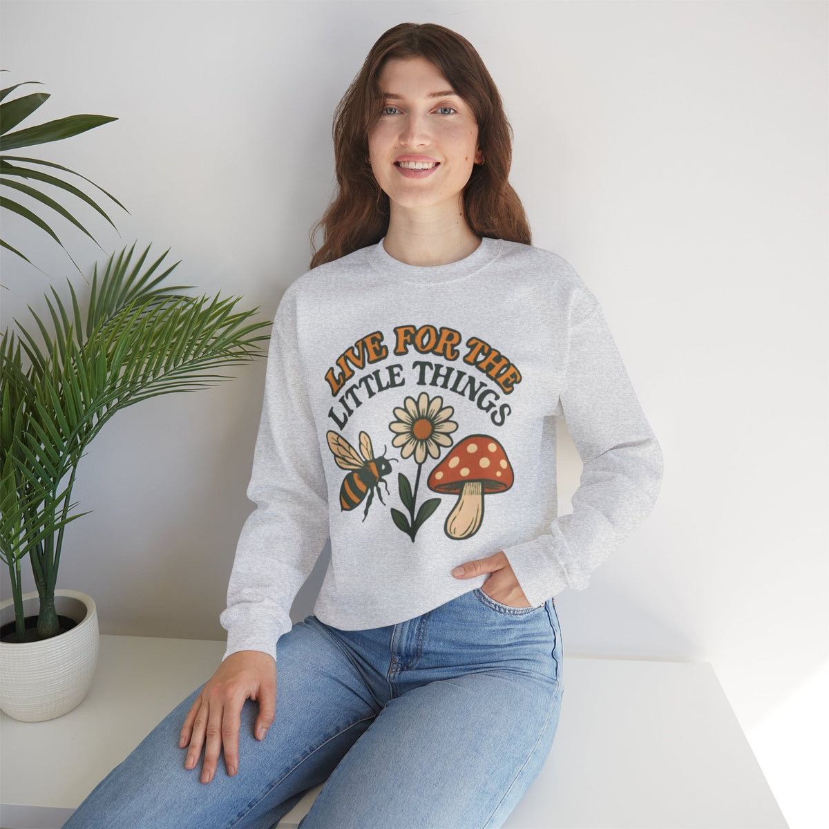 "Live For The Little Things" Bee, Daisy & Mushroom Retro Nature Design Crewneck Sweatshirt