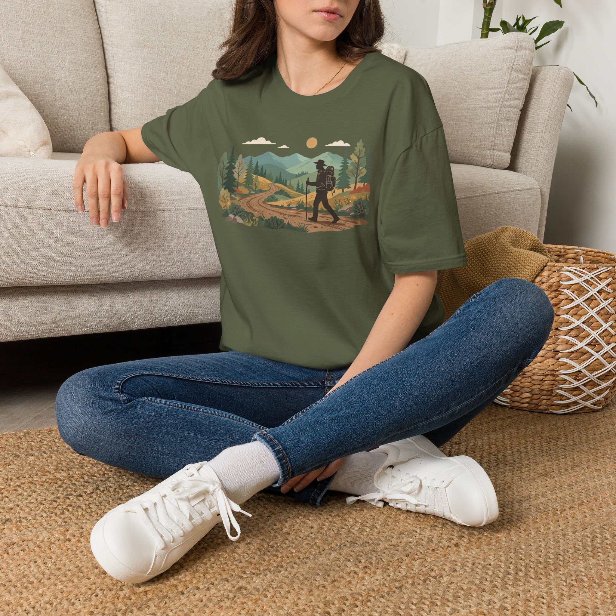 Hiker Mountain Sunset T-Shirt — Scenic Trail Adventure Tee