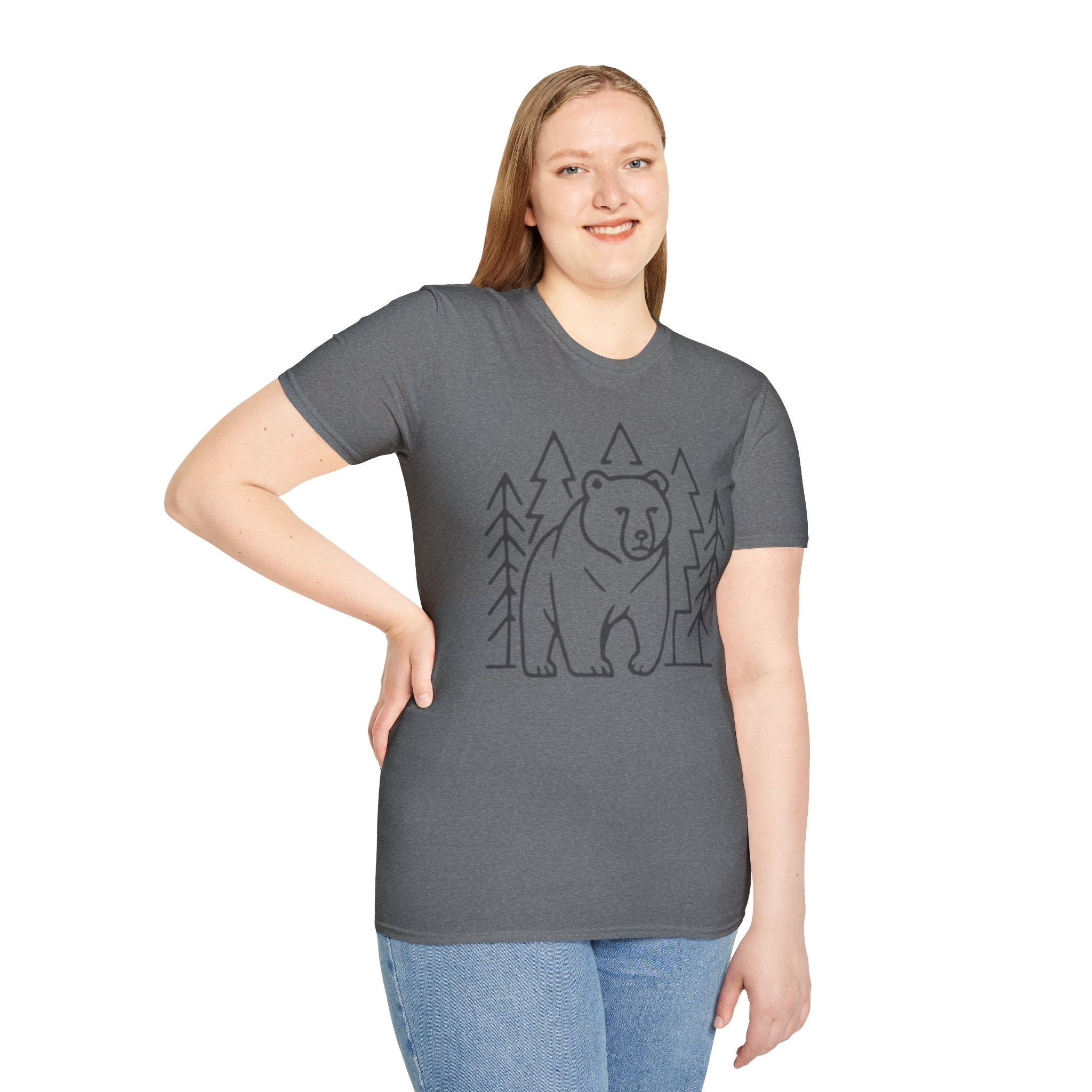 Bear & Pines T-Shirt — Minimal Line Drawing Woodland Tee